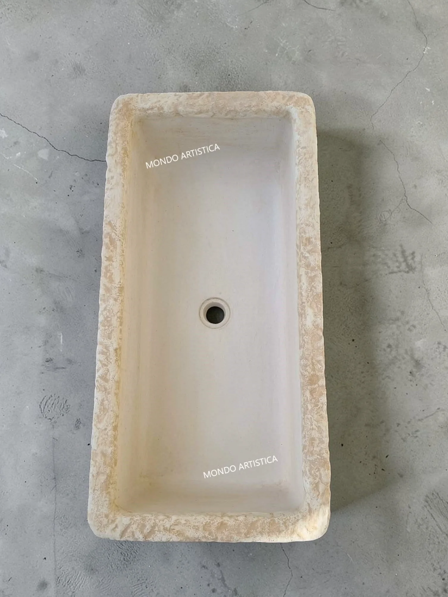 Lavandino, Lavabo, Pilozzo, Vasca Unica, Fontana Da Esterno, Per Giardino Altezza 22 cm, Larghezza 80x40 Cm, In Cemento Bianco E Polvere Di Marmo, Colore Sfumato Beige