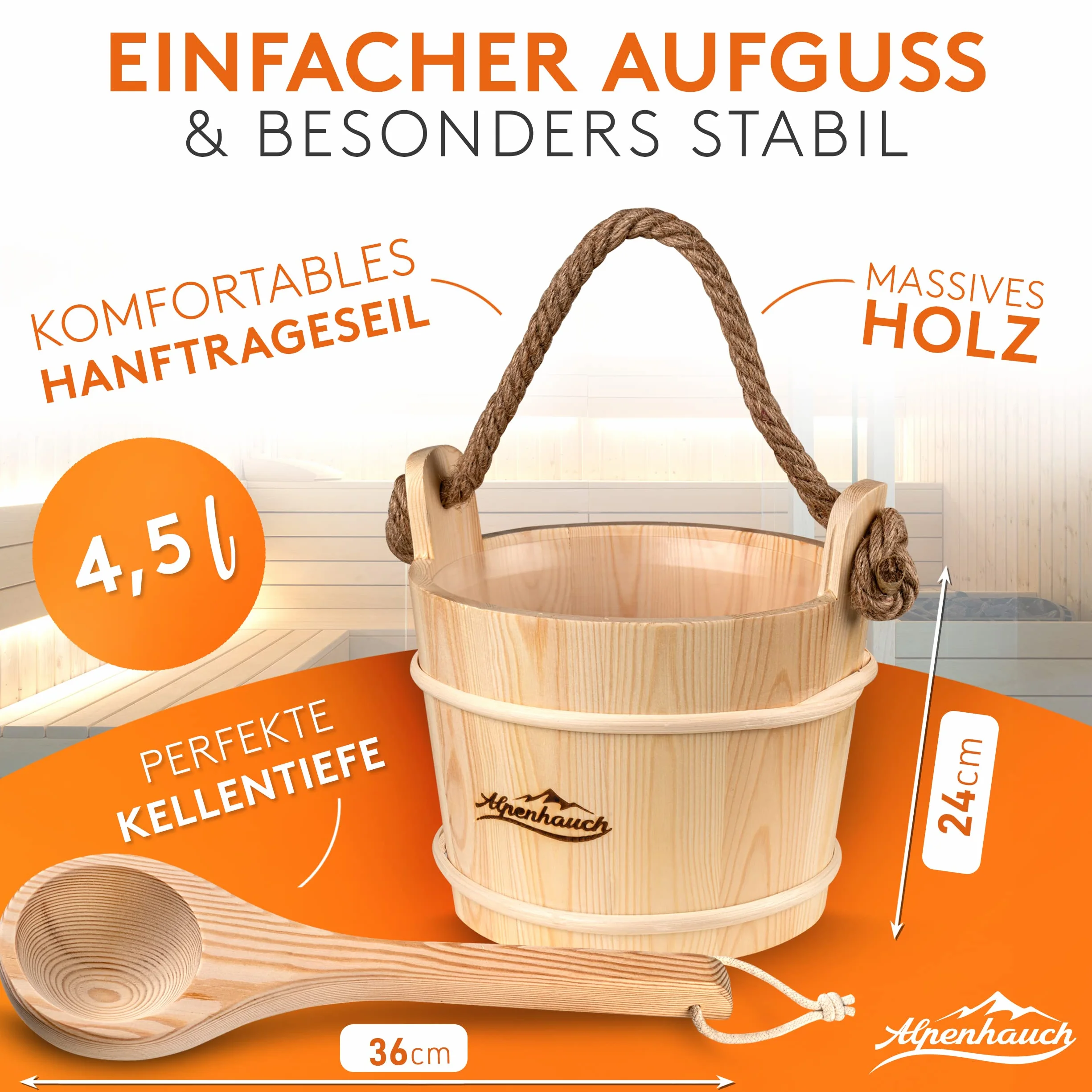 ALPENHAUCH Secchio per sauna con cazzuola in legno naturale – Set accessori per sauna con clessidra e termometro/igrometro