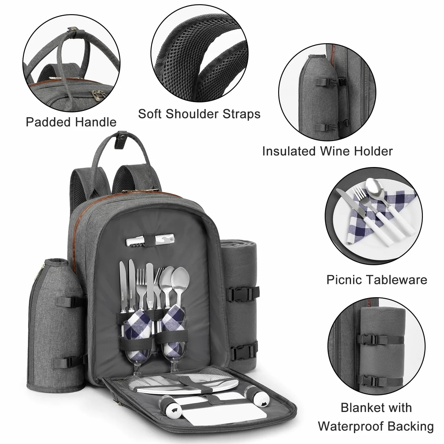 Apollo Walker Zaino da picnic per 2 persone, set e coperta, borsa termica, grigio chiaro
