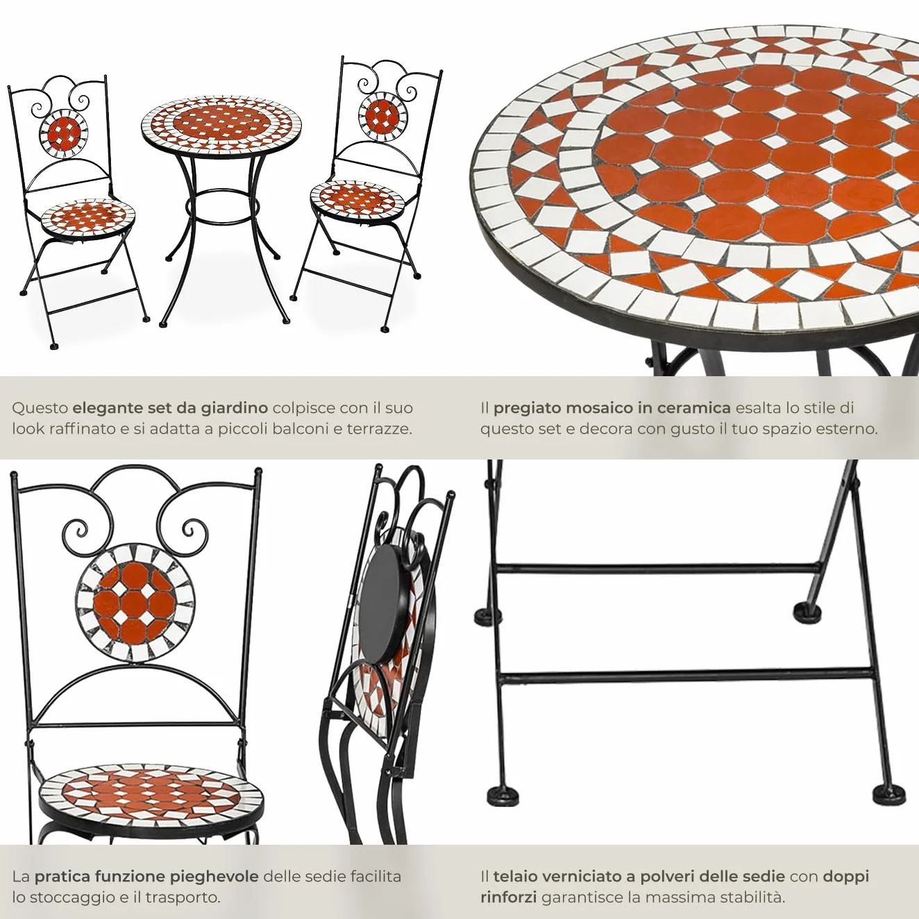 tectake Set da Giardino con Lavorazione a Mosaico, Tavolino e Sedie Pieghevoli, Telaio in Metallo, Marrone