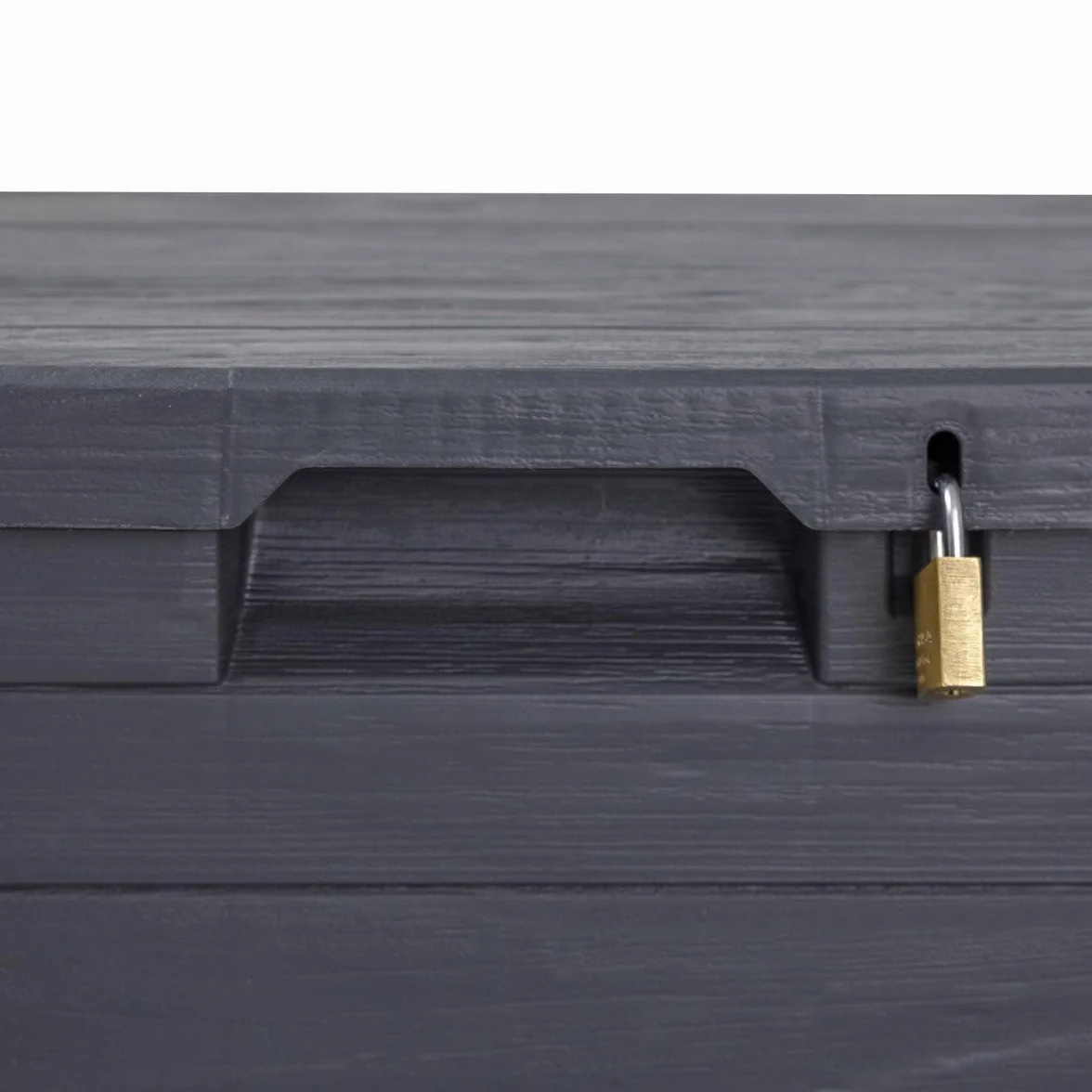 Baule Cassapanca 280 Litri Effetto Legno Contenitore Stoccaggio in Resina Antracite Dimensioni 117x45x56h cm da Esterno Resistente ai Raggi Uv -