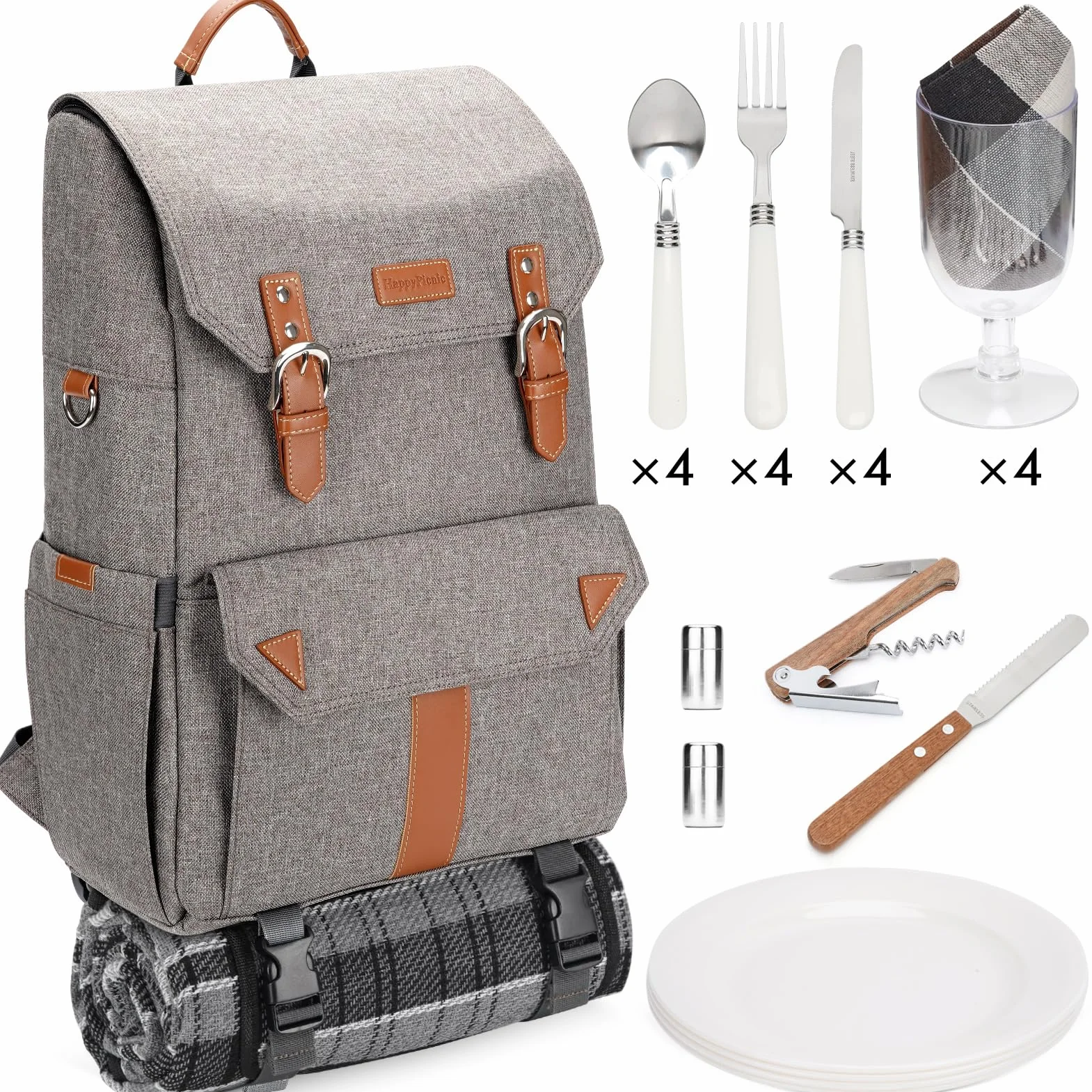 HappyPicnic Zaino da picnic per 4 persone isolato con set completo di stoviglie, ampio scomparto refrigerante, portabottiglie e grande coperta da picnic impermeabile