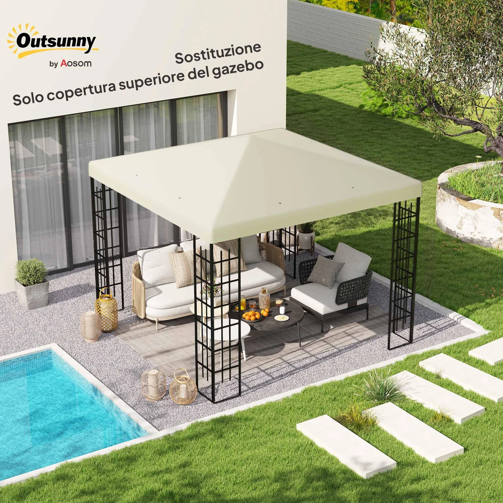 Outsunny Tetto di Ricambio per Gazebo 3x3 m, Telo Gazebo Resistente all'Acqua in Tessuto Oxford 600D 370g/㎡ Anti-UV 30+, Bianco Crema