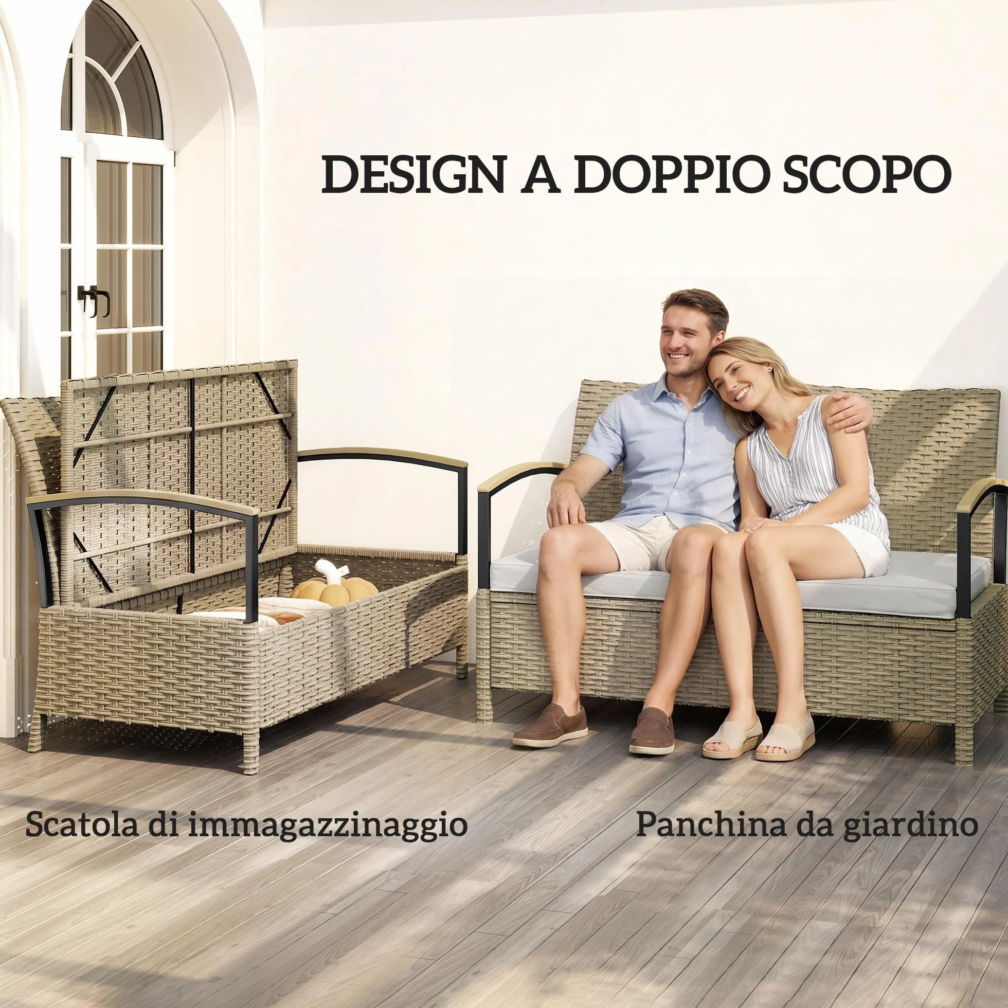 Outsunny Baule da Esterno, Panca Contenitore da Giardino 125L, Divanetto 2 Posti in Rattan PE con Cuscino Imbottito, Struttura in Metallo per Patio, Giardino e Balcone, Cachi