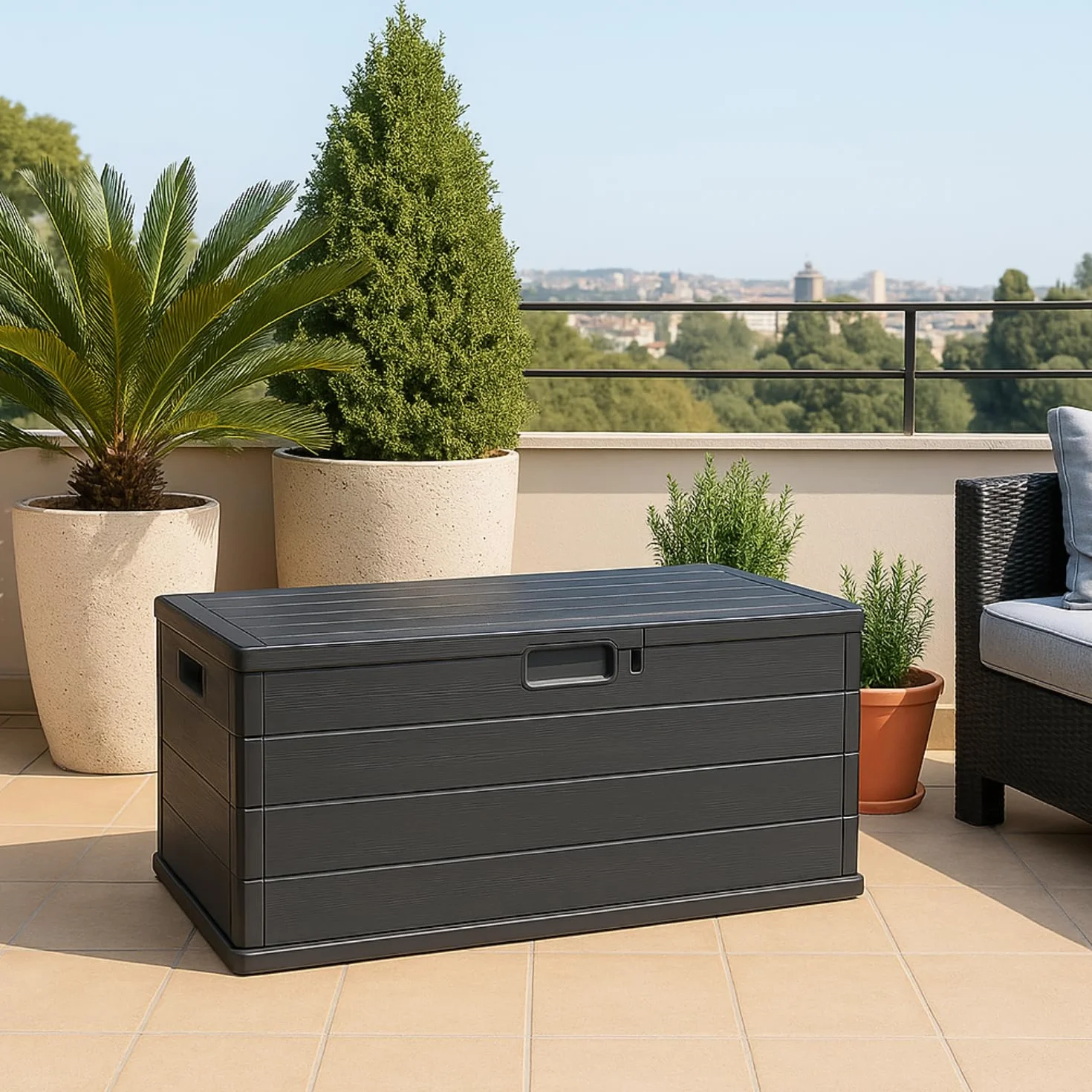 VIRSUS Baule da Giardino con Ruote, misura 118x59x57 cm, Cassapanca Effetto Legno Antracite, Impermeabile, Chiusura Lucchettabile, Contenitore da Esterno, Capacità 340 Litri -ALP001F