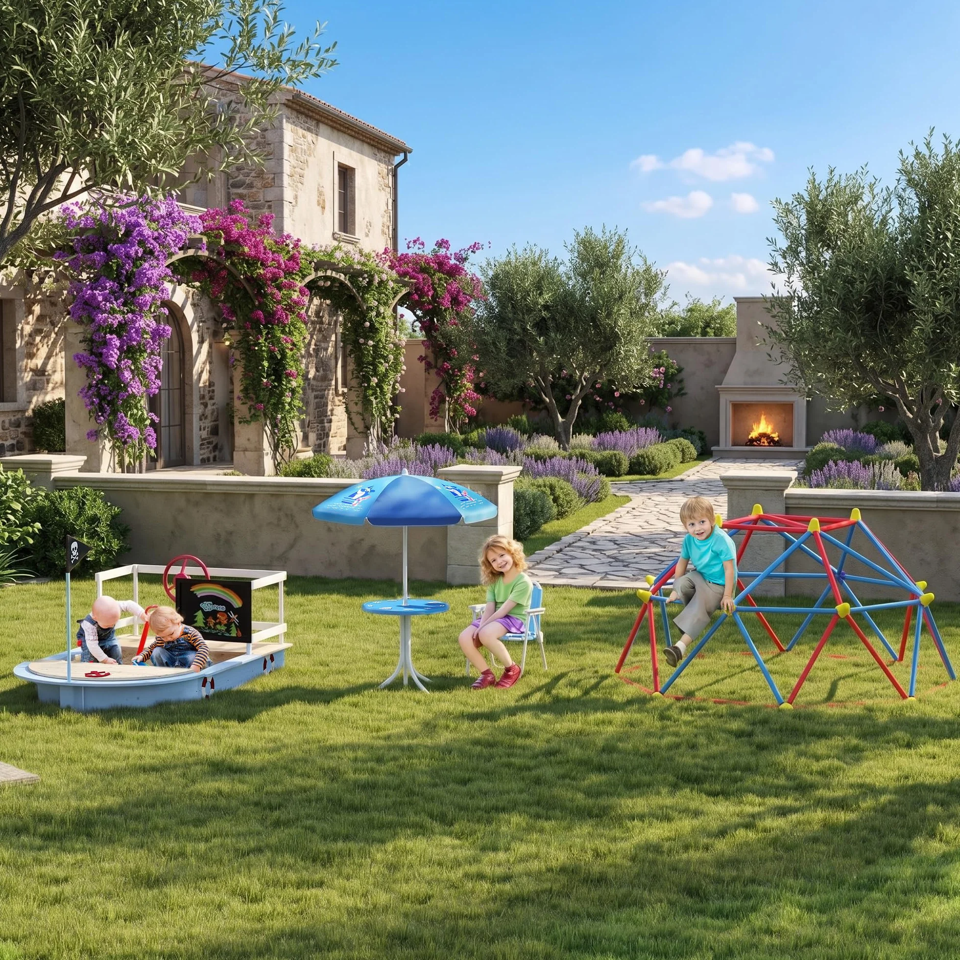 Outsunny Tavolo e Sedie per Bambini da Giardino con Ombrellone Regolabile, Set 4 Pezzi, Blu