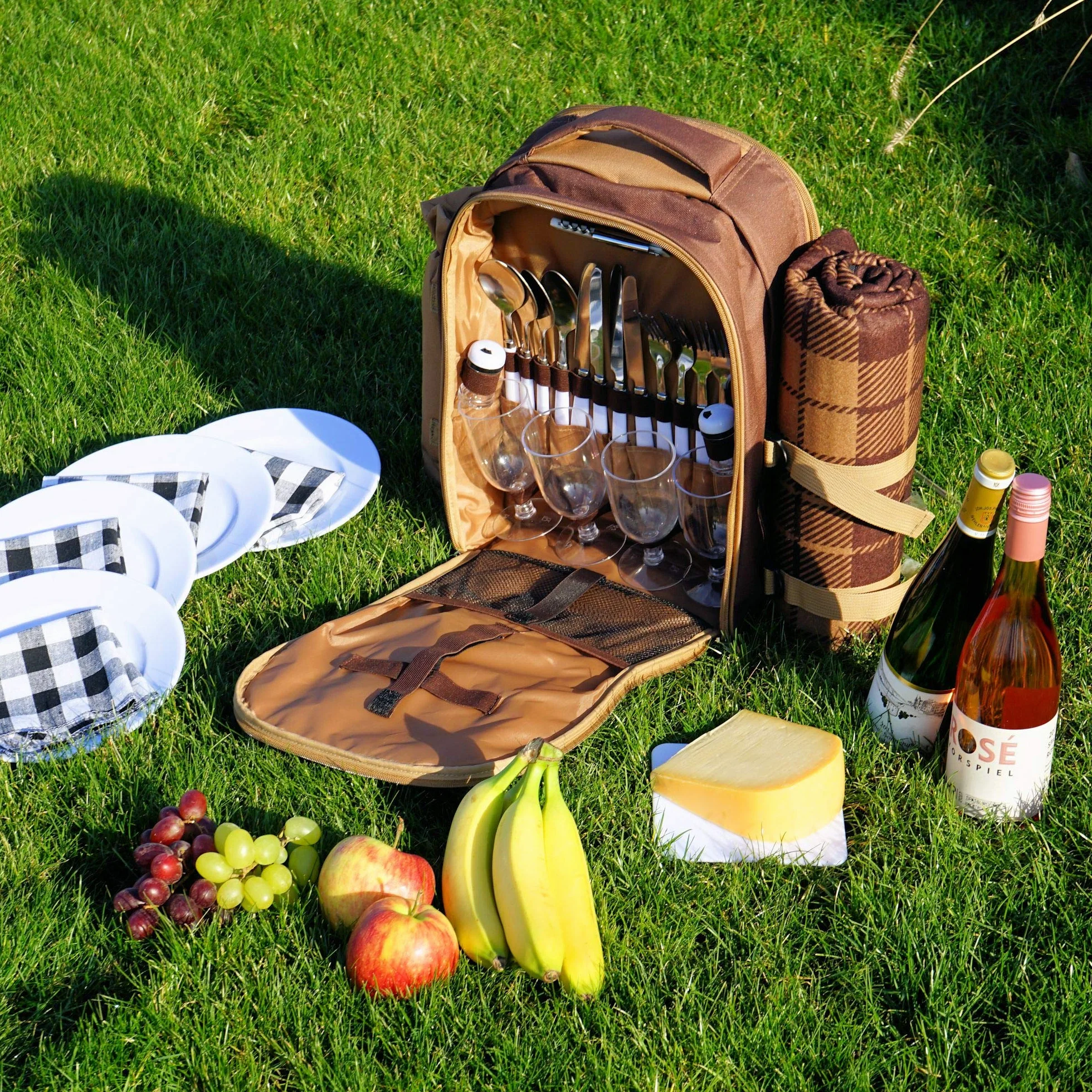 CampFeuer Zaino da picnic per 4 persone 32 pezzi marrone con portabottiglie e coperta in pile