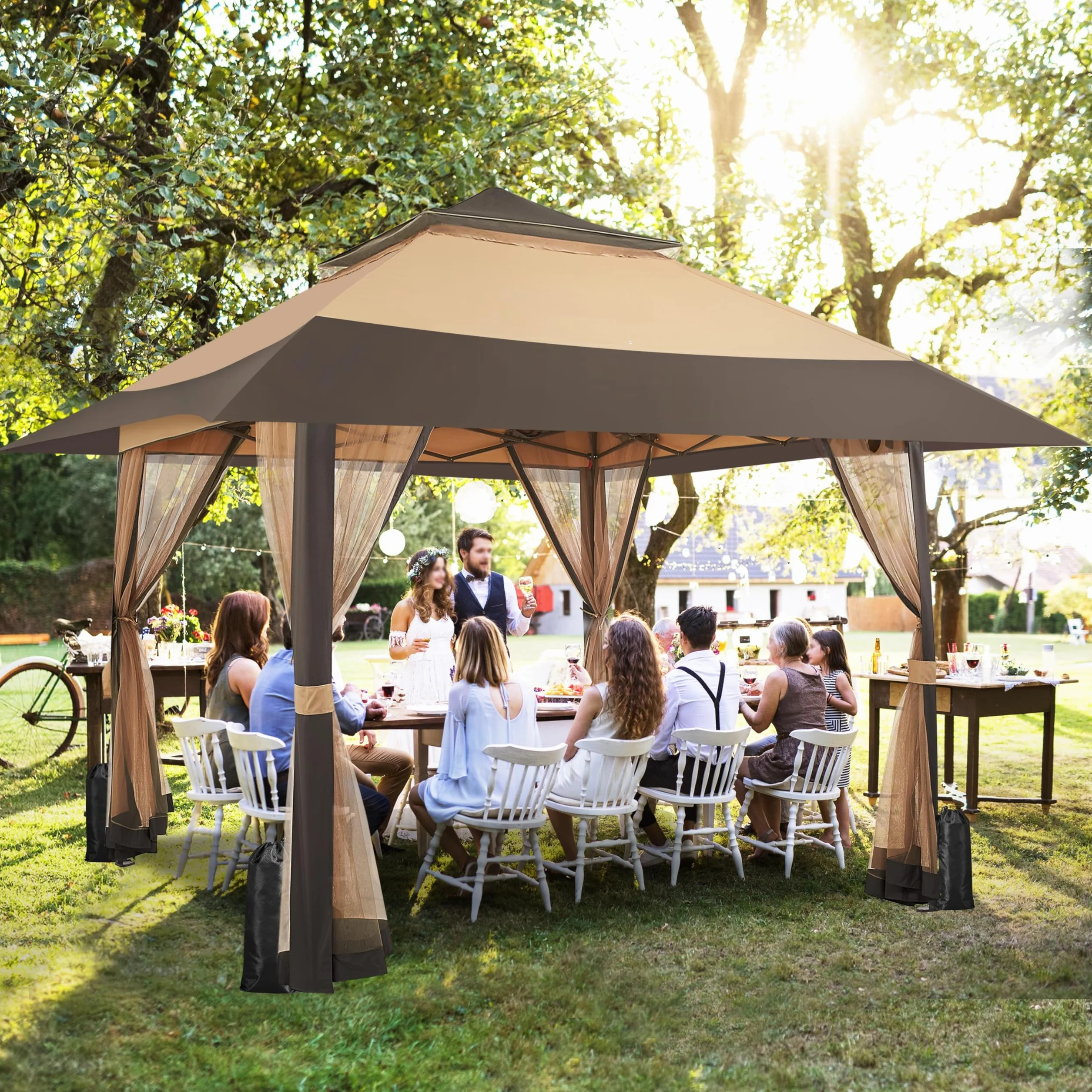 Yaheetech Gazebo da Giardino 4x4 m con Zanzariera Struttura in Metallo Doppio Tetto Kaki