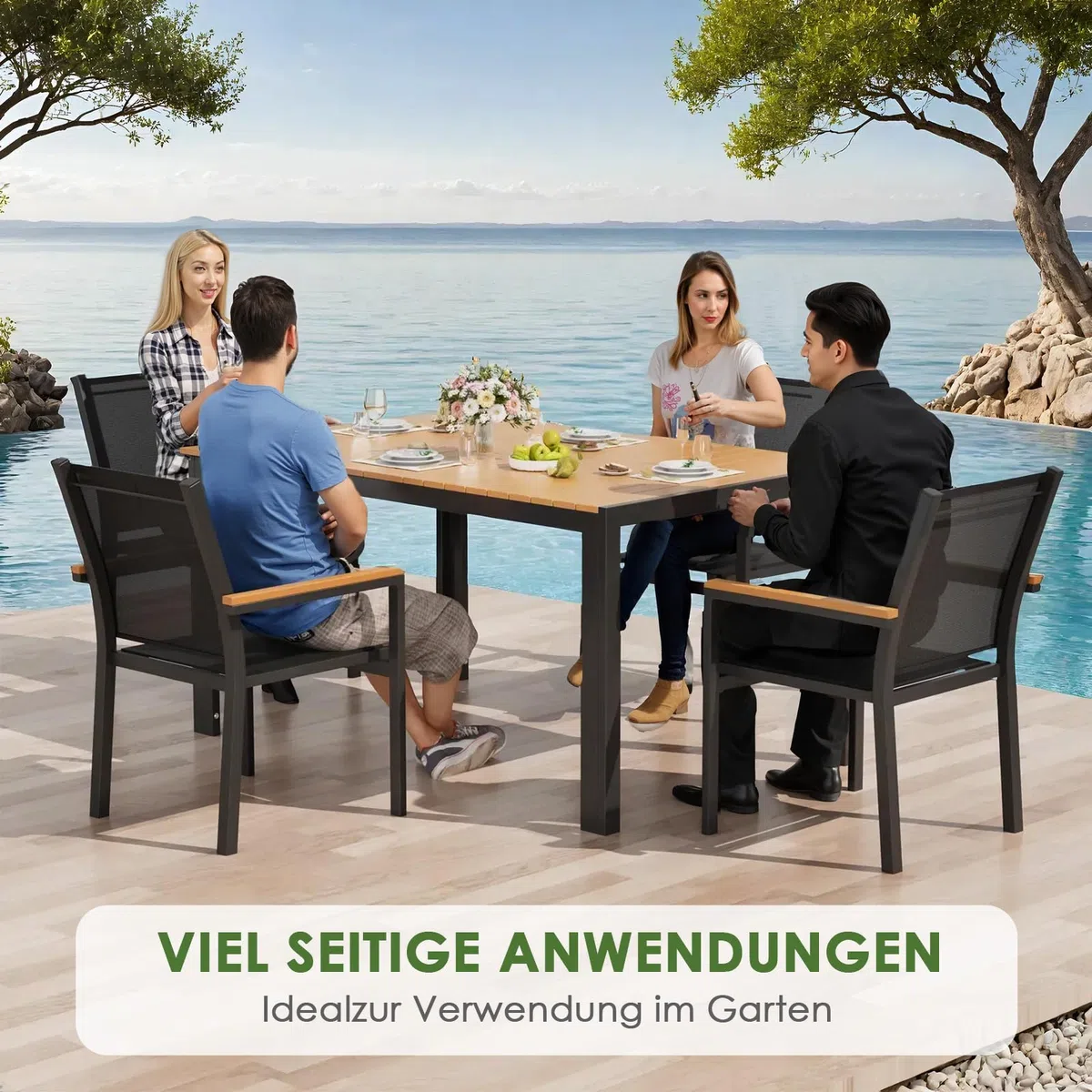 LIFERUN Tavolo da giardino grande, resistente alle intemperie, 140 x 90 x 75 cm, in alluminio, con piano in WPC, tavolo da pranzo rettangolare, per 6 persone, robusto giardino, terrazza, balcone