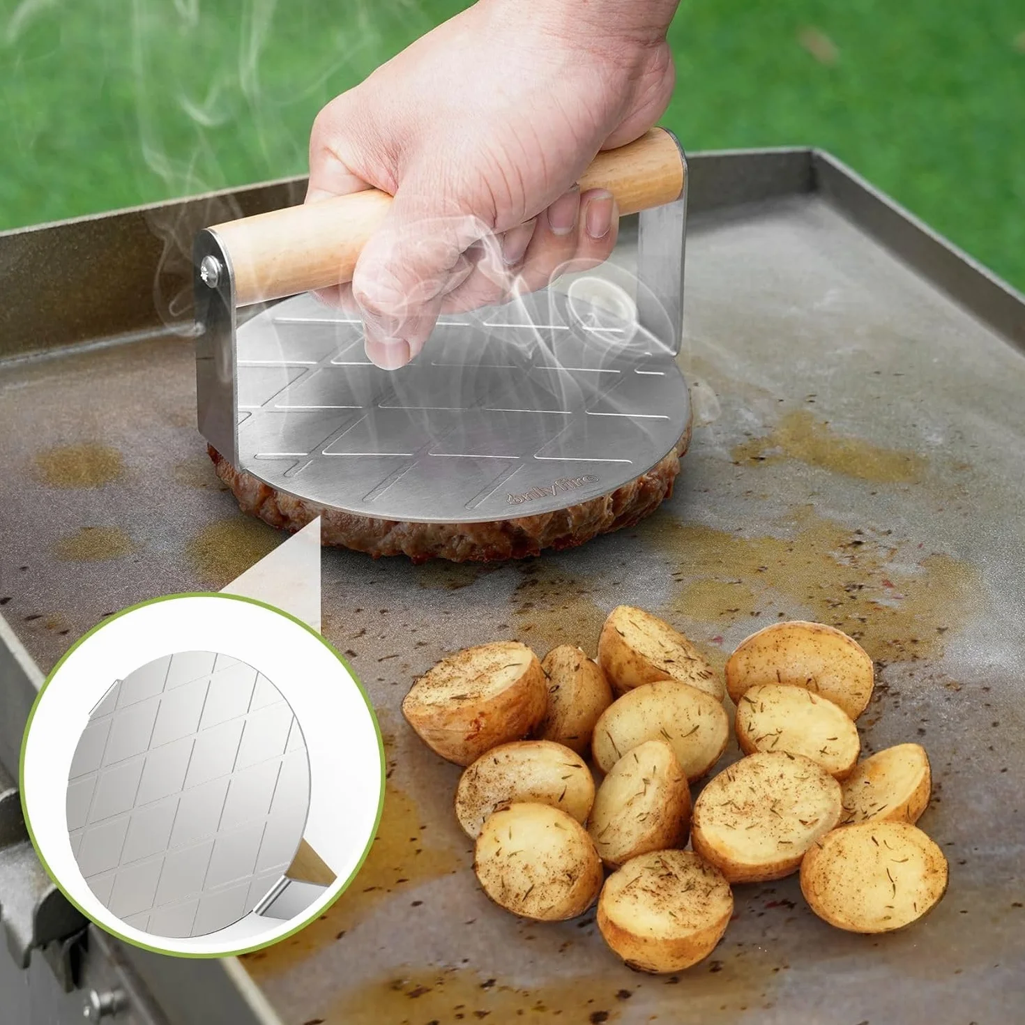 Onlyfire Kit Smash Burger, Coperture per Hamburger da 2 x 16 cm, Pressa per Hamburger Rotonda e Spatola da Grill Grande, Accessori per Barbecue per Piastra, Teppanyaki e Campeggio