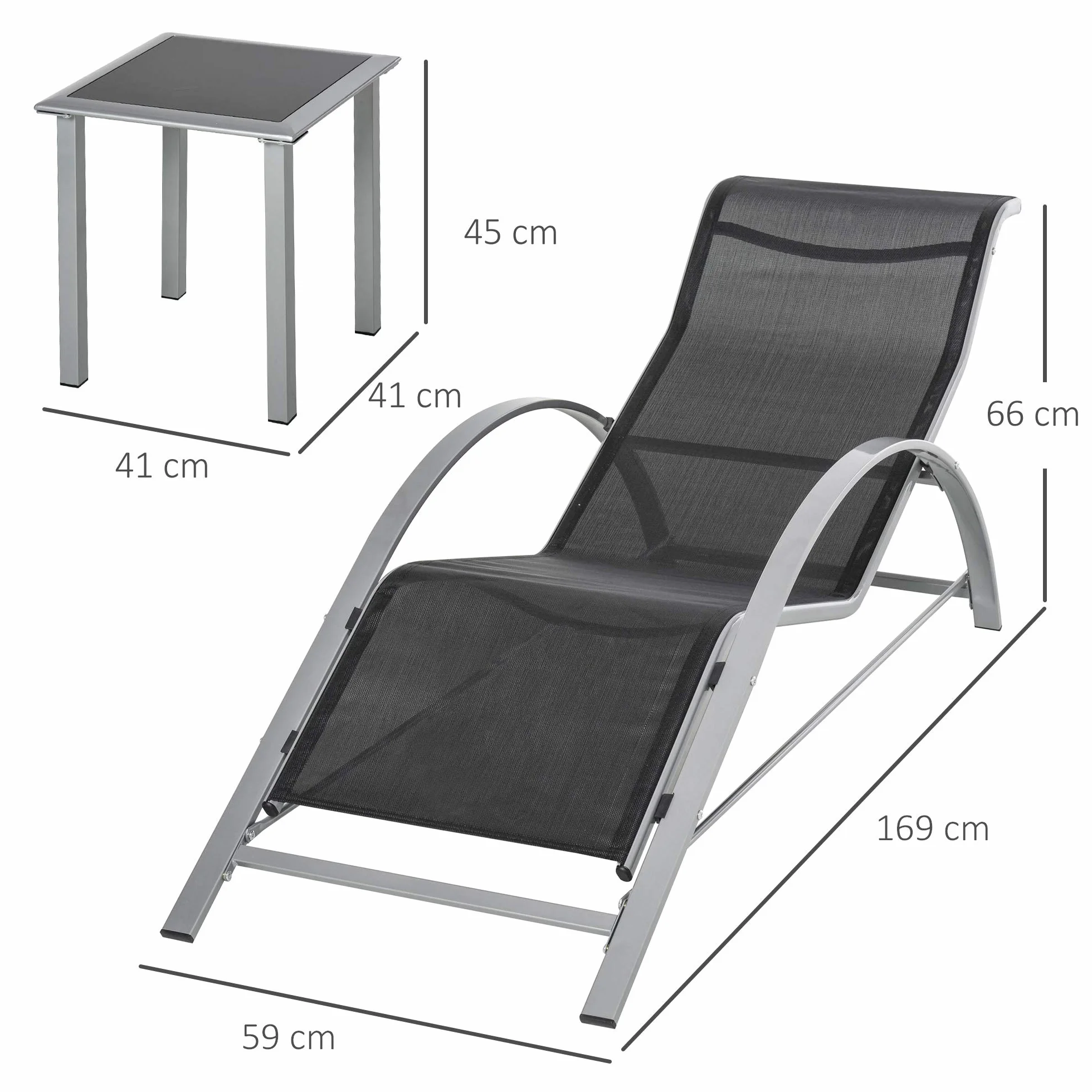 Outsunny Set 2 Sdraio da Giardino e Tavolino in Vetro, Lettino Prendisole con Tessuto Traspirante, 59x169x66cm, Nero Grigio