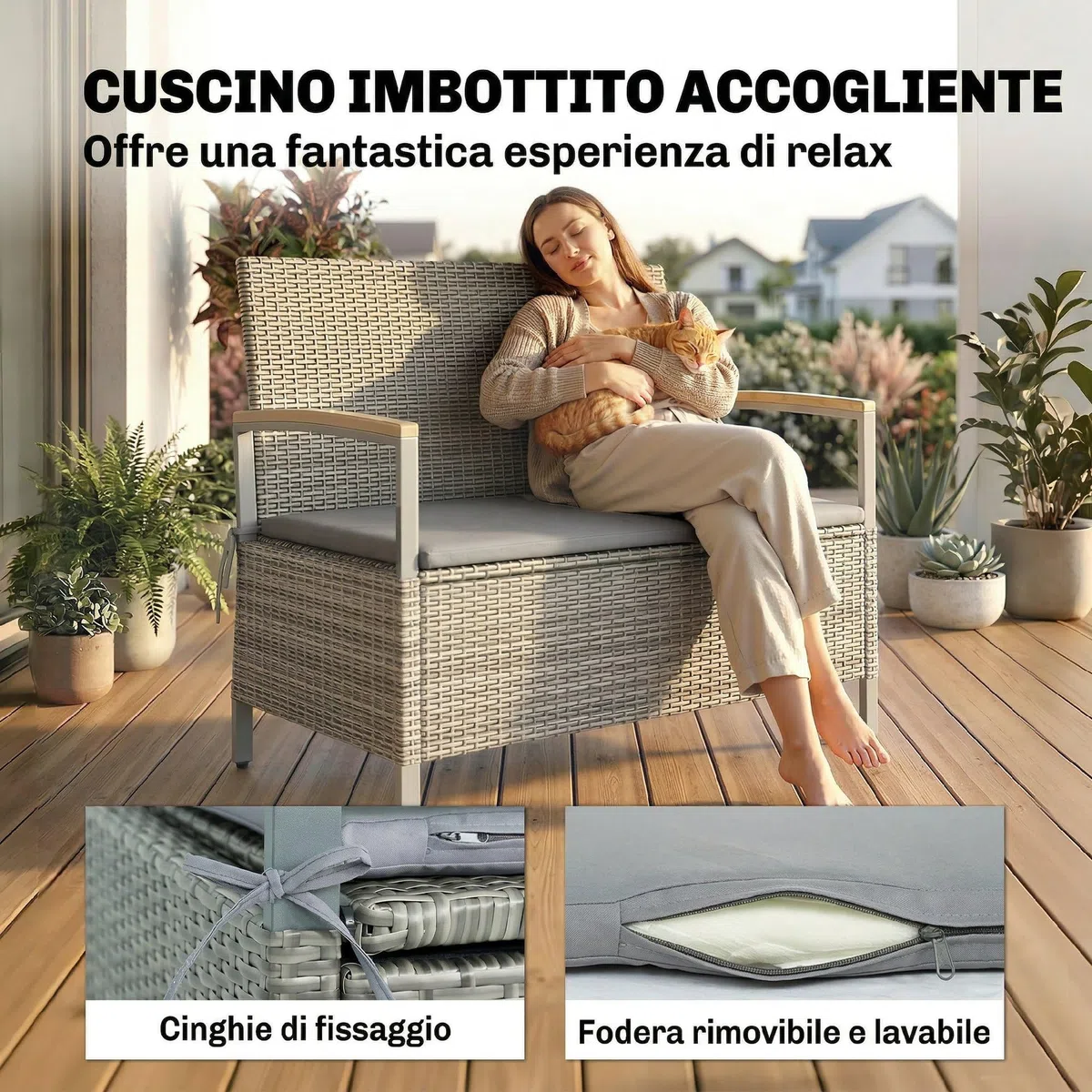 Outsunny Cassapanca Contenitore da Esterno in Rattan PE 170L, Panca Contenitore da Esterno 2 Posti con Braccioli in Legno di Acacia, Cuscino Lavabile, Fodera con Cerniera, Pistone a Gas, Grigio Chiaro