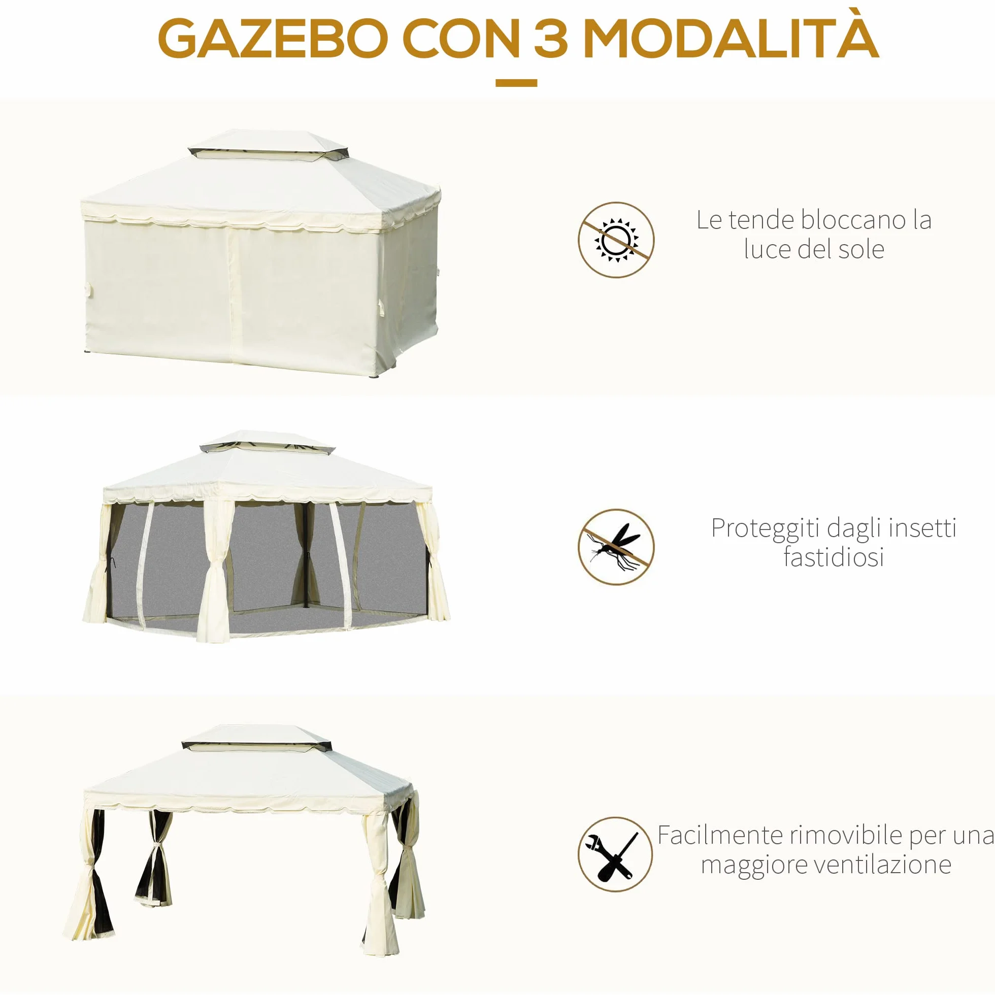 Outsunny Gazebo da Giardino 4x3 m con Zanzariera e Tende Parasole, Doppio Tetto, Anti UV, Alluminio, Crema