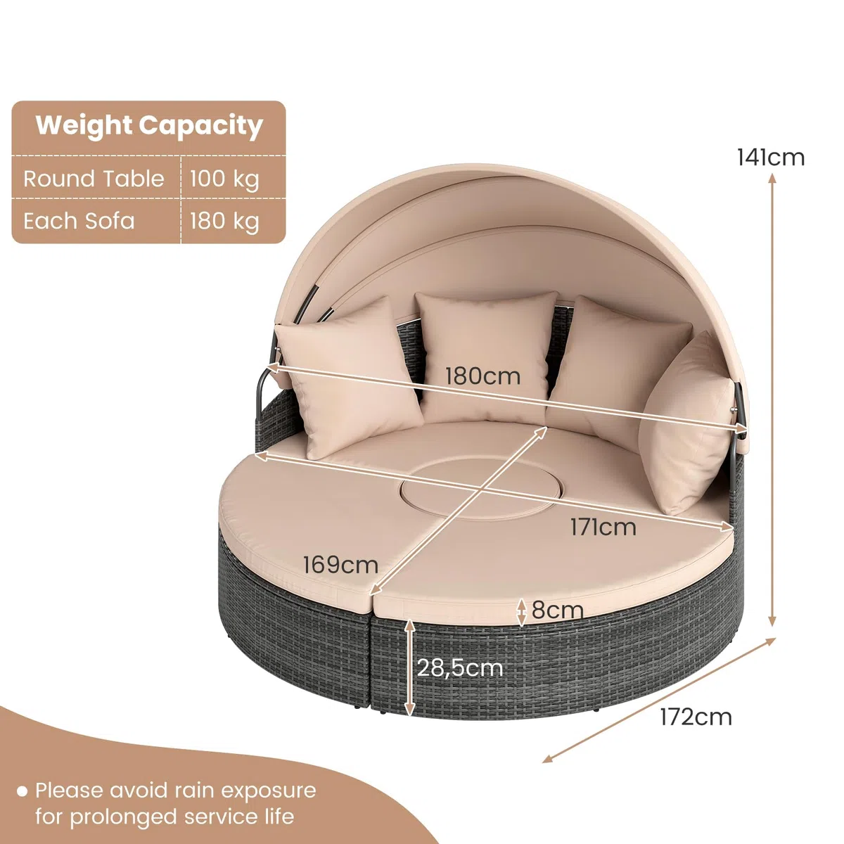 LIFEZEAL Isola Prendisole, Rattan Intrecciato a Mano, Componibile, Letto con Tettuccio Parasole Regolabile da Giardino Esterno, Salttto con Divani, Tavolino, Cuscini, Balcone, Mare, Piscina (beige)
