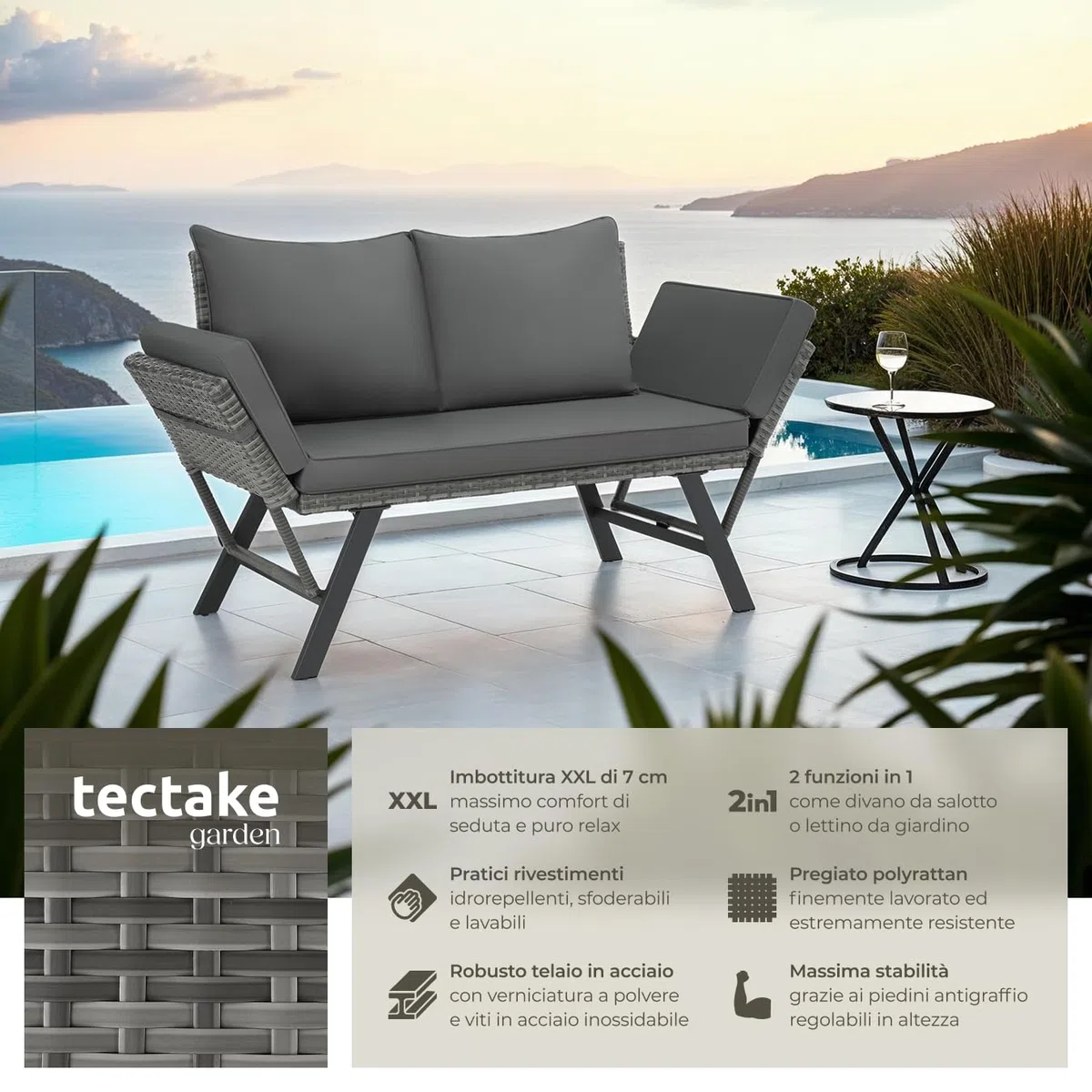 tectake® Divano Lounge in Rattan, 2 in 1, Braccioli Pieghevoli, Cuscini Morbidi, Imbottitura Spessa, Sofà in Polyrattan Resistente, Fodere Idrorepellenti, Arredamento Esterno e Interno - Grigio