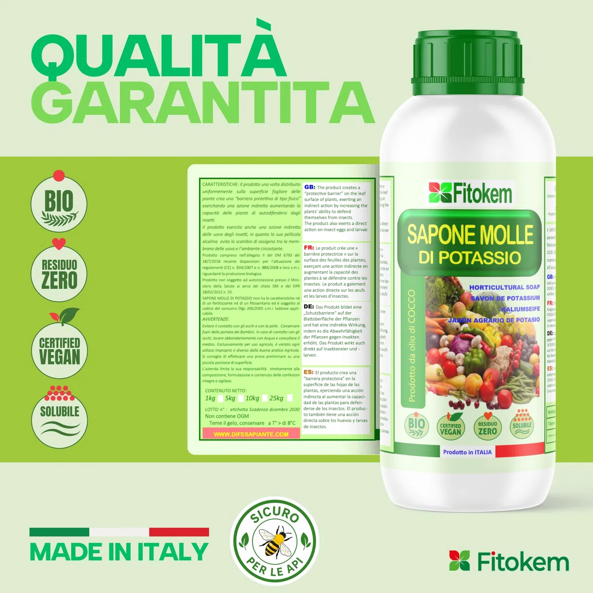 Fitokem Sapone Molle di Potassio 1lt e Olio di Neem 1lt Kit Protezione Piante Corroborante Naturale per Orto e Giardino contro Afidi e Cocciniglia Residuo Zero Made in Italy