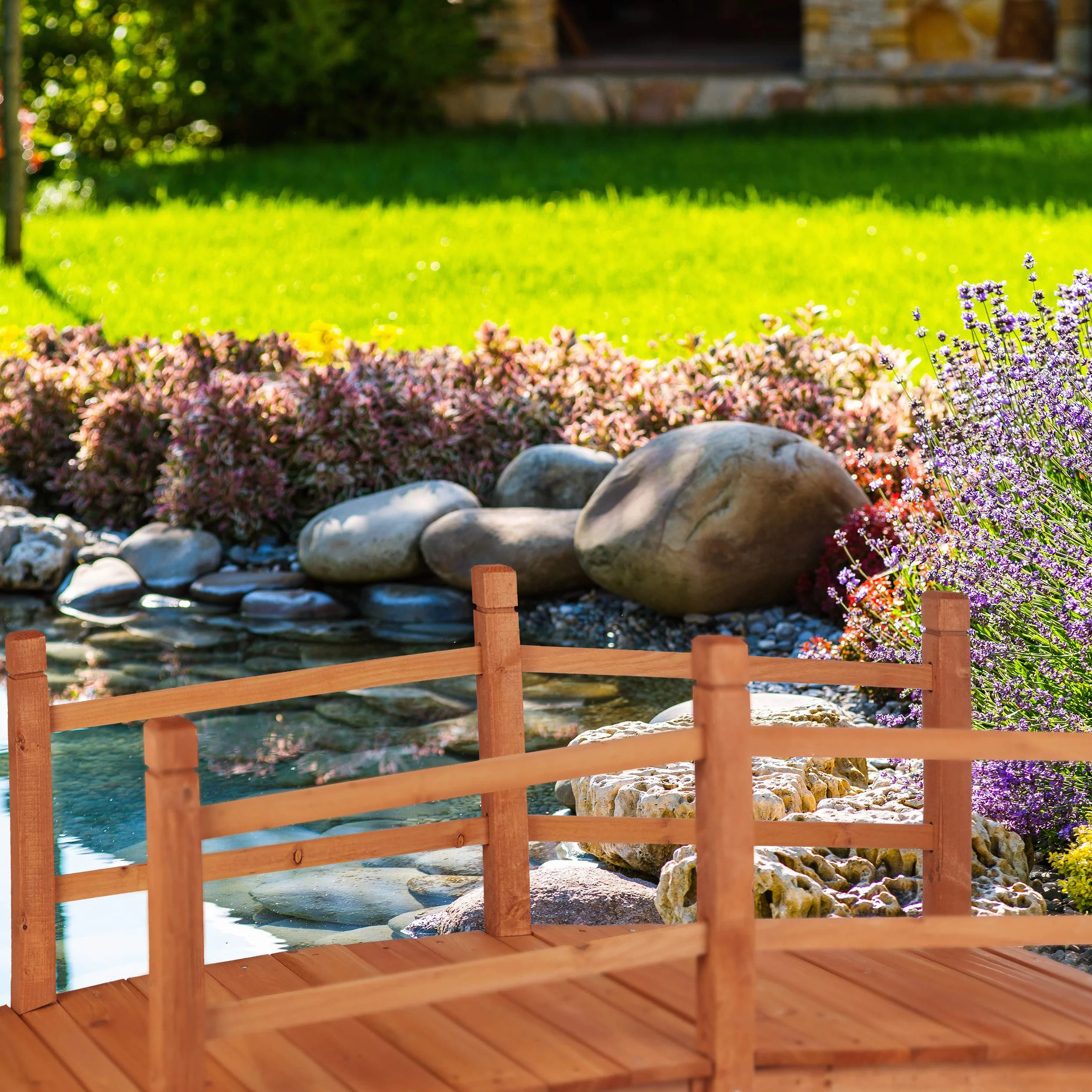 Relaxdays Ponte da Giardino in Legno, Ringhiera, percorribile,Decorazione Giardino Giapponese,HLP 56x140x60 cm,arancione