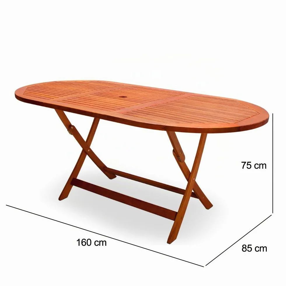 Tavolo da Giardino in Legno di Acacia Pieghevole 160x85cm Ovale FSC Portata 80 kg con Portaombrellone