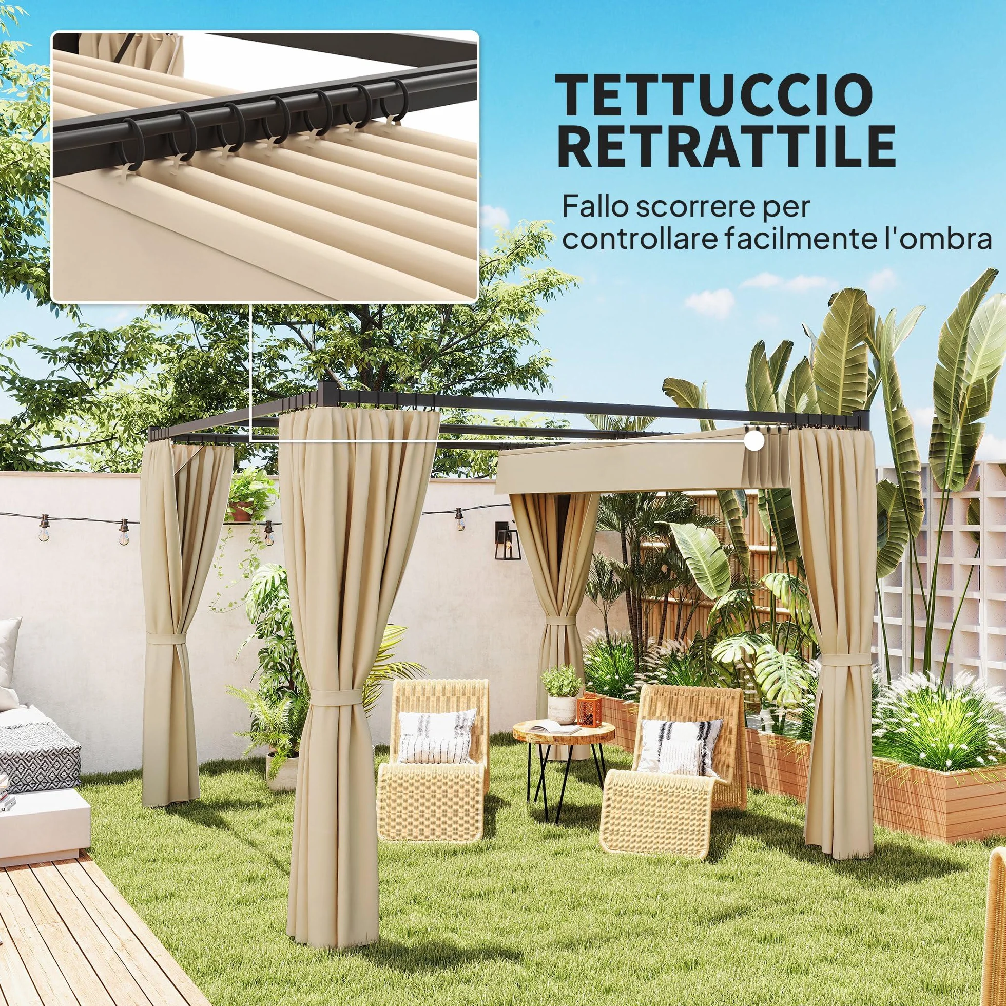 Outsunny Gazebo Pergola 3x3 m con Pareti Laterali e Tetto Retrattile, Metallo e Poliestere 180g/㎡, Beige