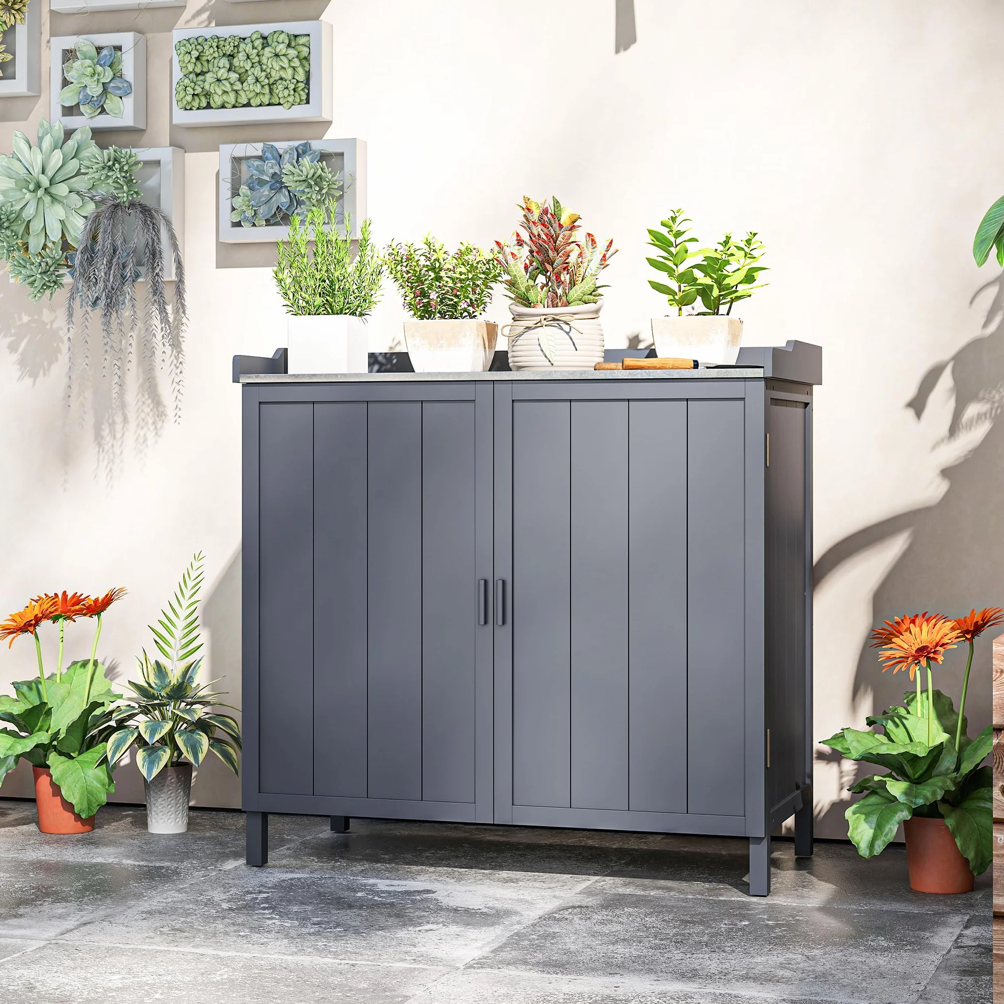 Outsunny Armadietto da Esterno in Legno di Abete con Piano da Lavoro in Metallo Zincato e 2 Ripiani Porta Attrezzi, 98x48x95.5 cm, Grigio