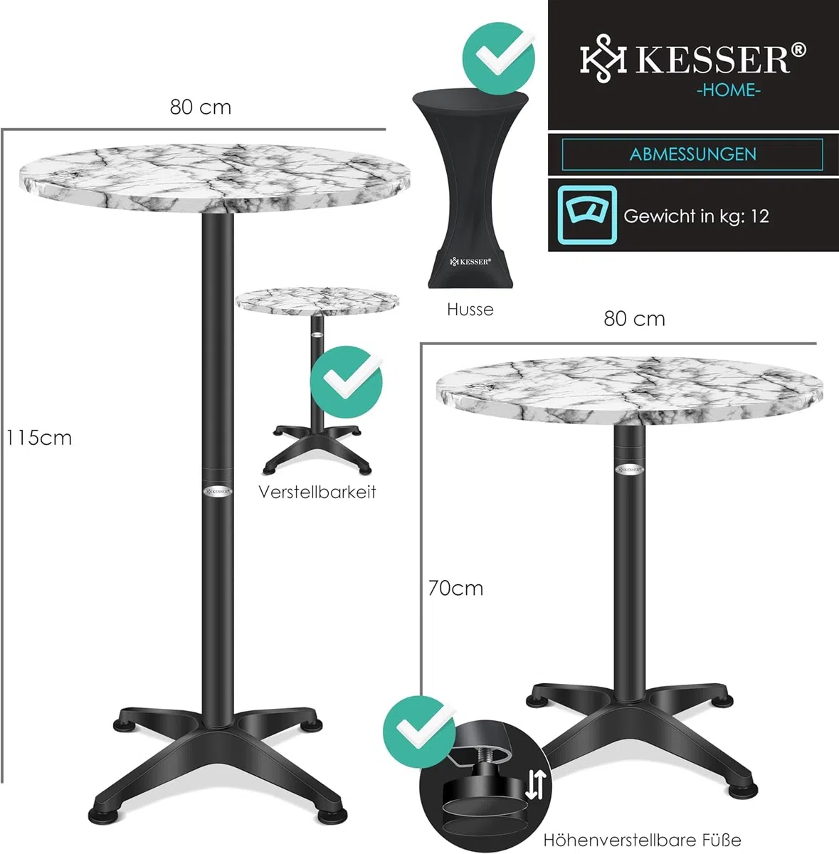 KESSER® Tavolo da bistrot 2 in 1, set da 1 pezzi, piastra in alluminio in acciaio inox, altezza 70 cm/115 cm, tavolo per feste, diametro 80 cm, per interni ed esterni, tavolo da ricevimento, tavolo