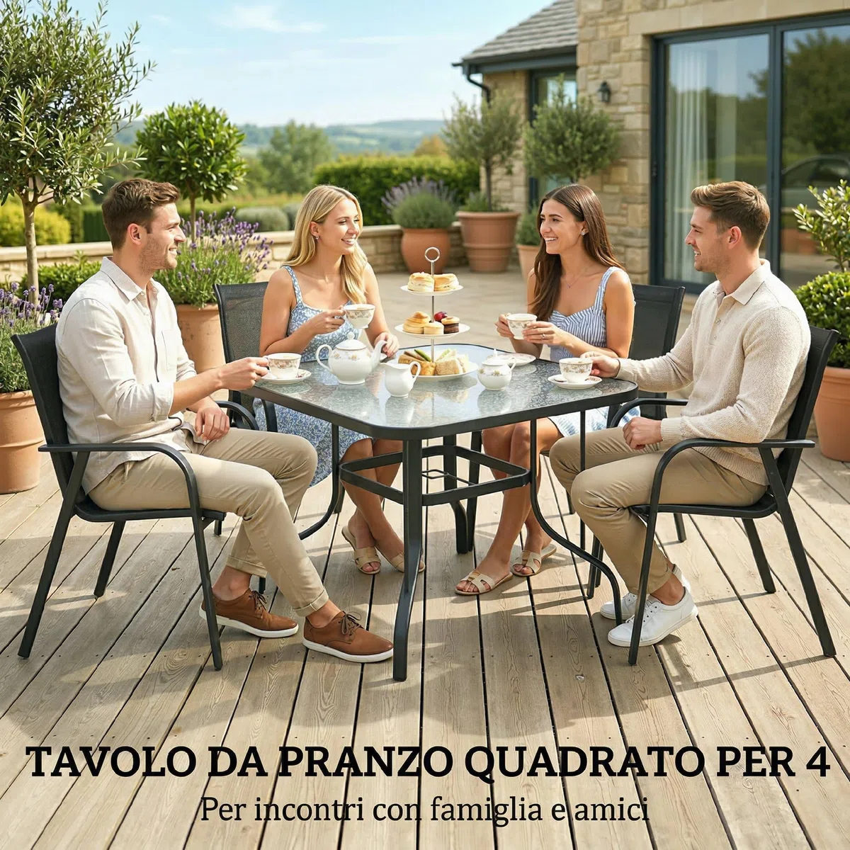 Outsunny Tavolo da Giardino per 4 Persone con Foro per Ombrellone Ø43 mm, Tavola da Pranzo da Esterno in Metallo e Vetro Temperato, Per Patio, Terrazzo, Balcone ed Esterno, 96.5x96.5x72 cm, Nero