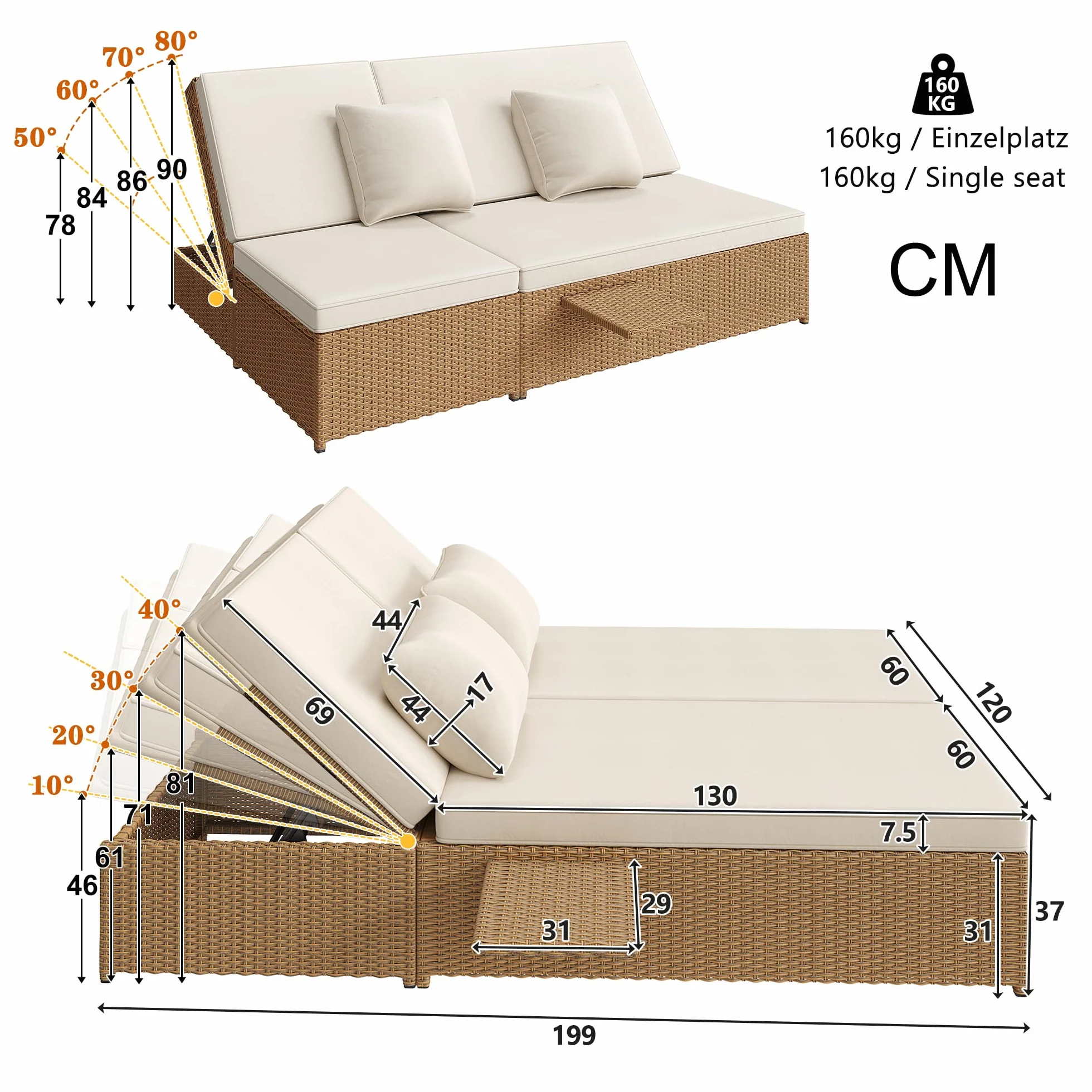 Sdraio da giardino per esterni, letto matrimoniale, in rattan, che può essere utilizzato come mobili da giardino all'aperto, adatto per lounge, balconi e giardini, resistente alle intemperie