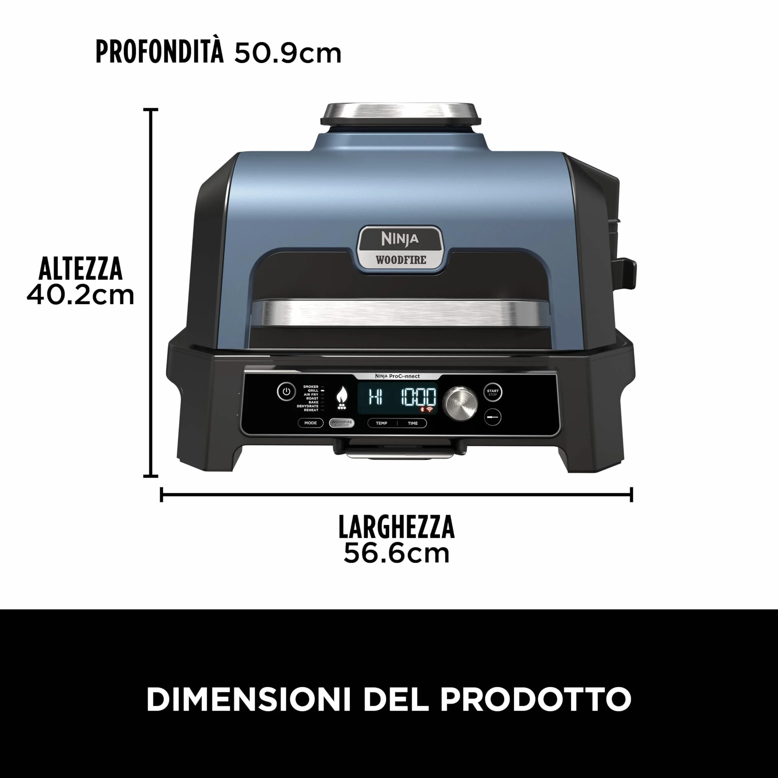 Ninja Woodfire Pro Connect XL Barbecue Elettrico 7 in 1 Griglia Affumicatore Friggitrice ad Aria Controllo App Blu/Nero