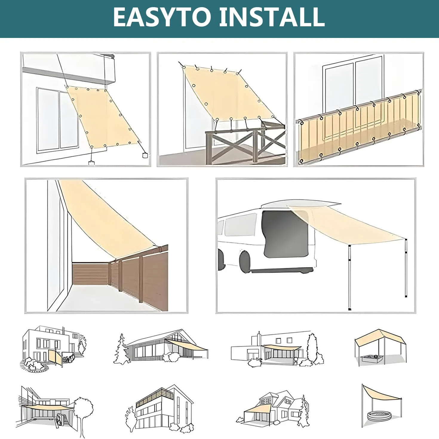 Vela Ombreggiante Impermeabile Rettangolare 3x4M, Tenda da Sole per Esterno, Telo Parasole con Occhielli, Antivento