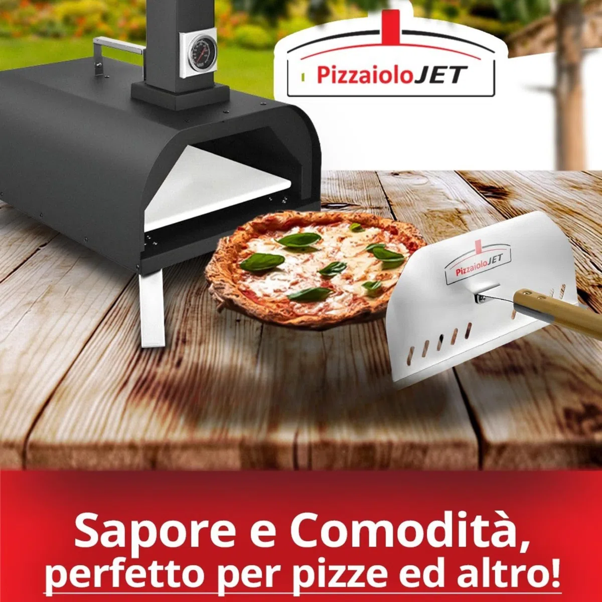 PizzaioloJet Forno Pizza a Pellet 460°C, 28 cm, 11 kg, Pietra Refrattaria, Termometro