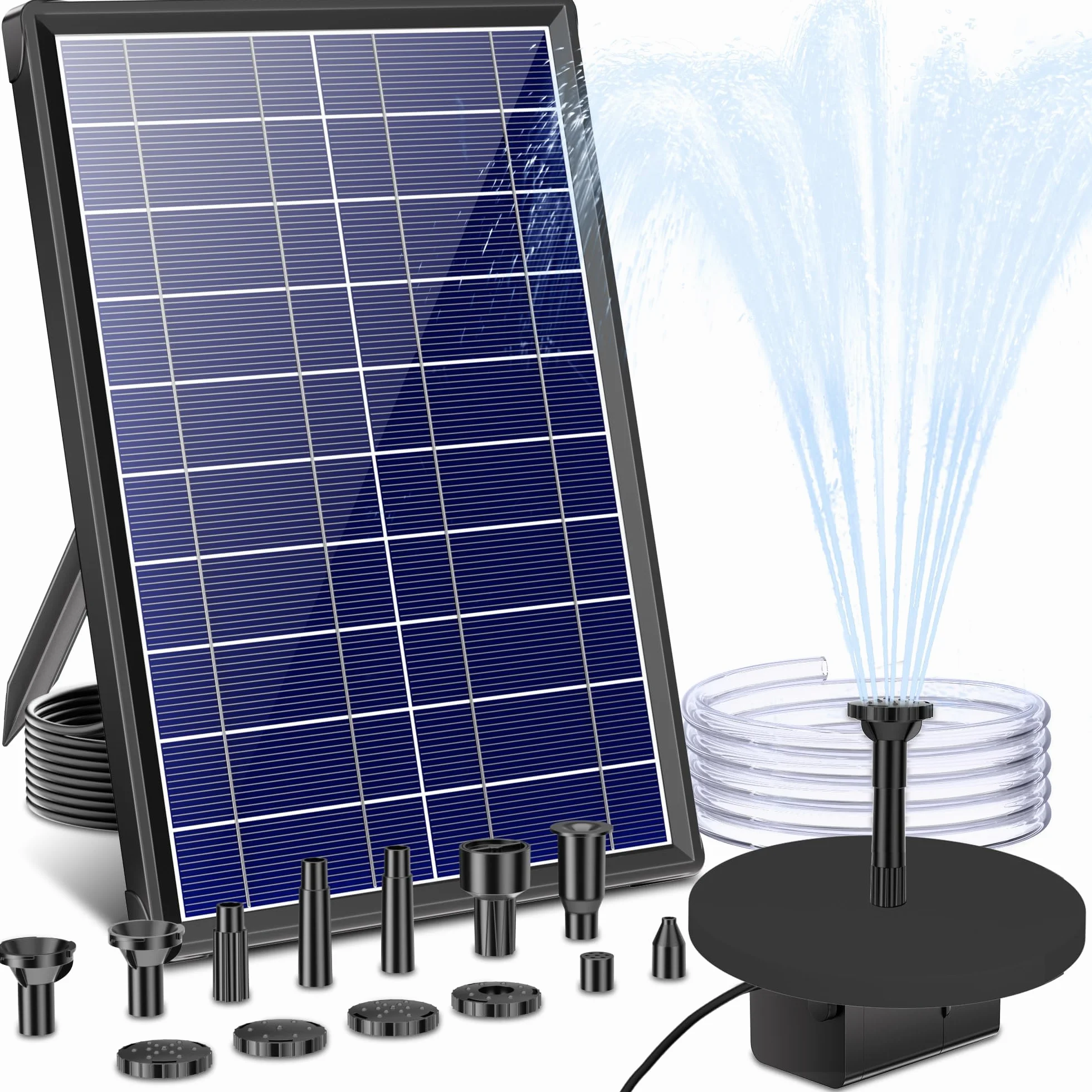 Pompa solare per laghetto Biling da 7,5 W con filtro, 300 l/h con tubo flessibile da 1,5 m, cavo da 3 m, 10 ugelli per laghetto da giardino fai da te, vasca per uccelli, fontana solare, gioco d'acqua