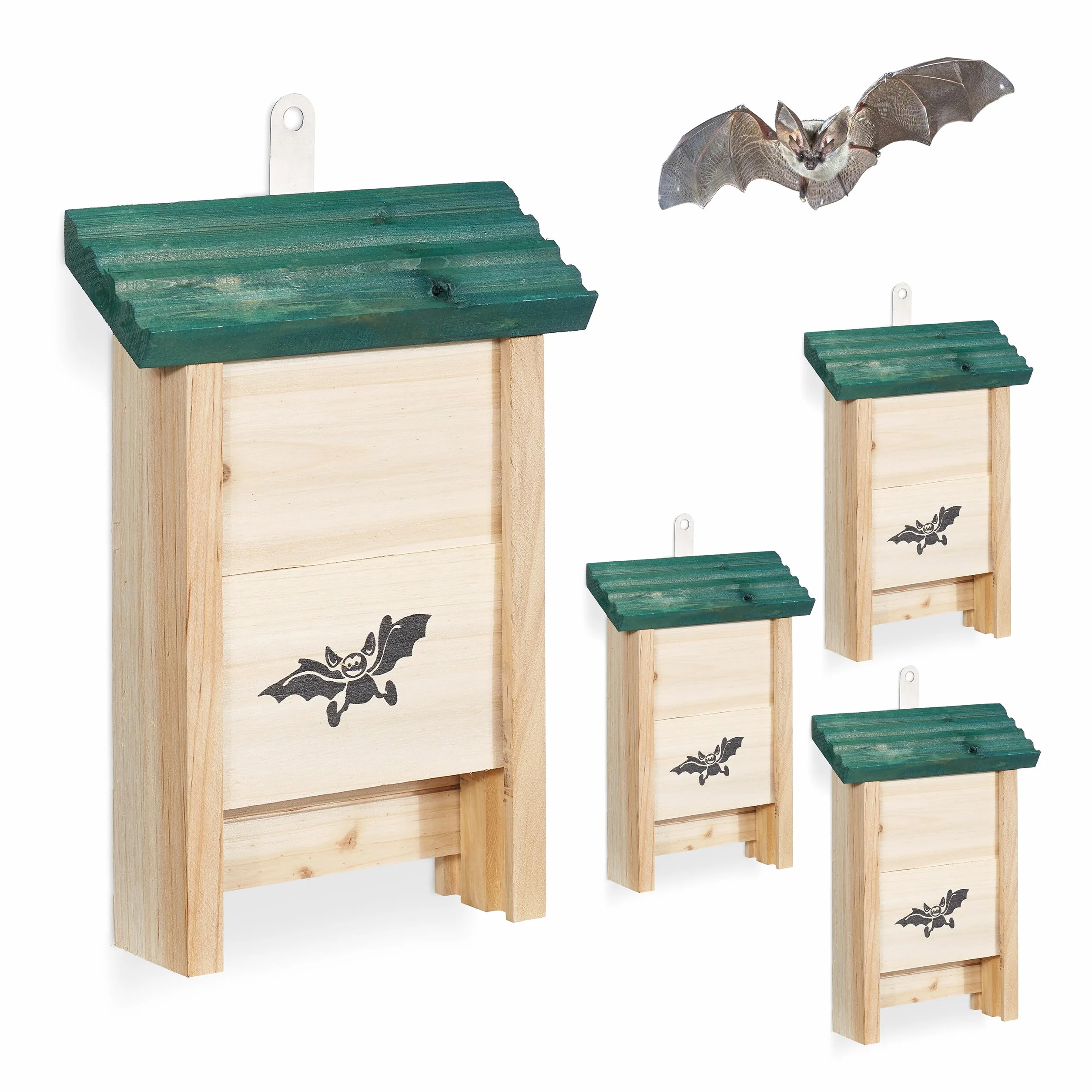 Relaxdays Casetta per Pipistrelli in Legno Set da 4 Naturale Verde HBT 25 x 18 x 6 cm
