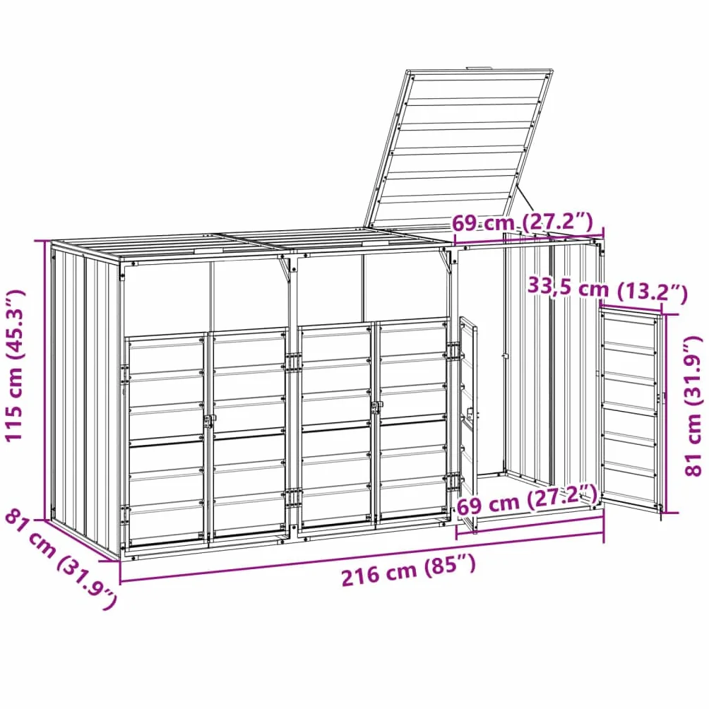 vidaXL Copribidone con Ruote per 3 Bidoni Antracite 216x81x115 cm Acciaio