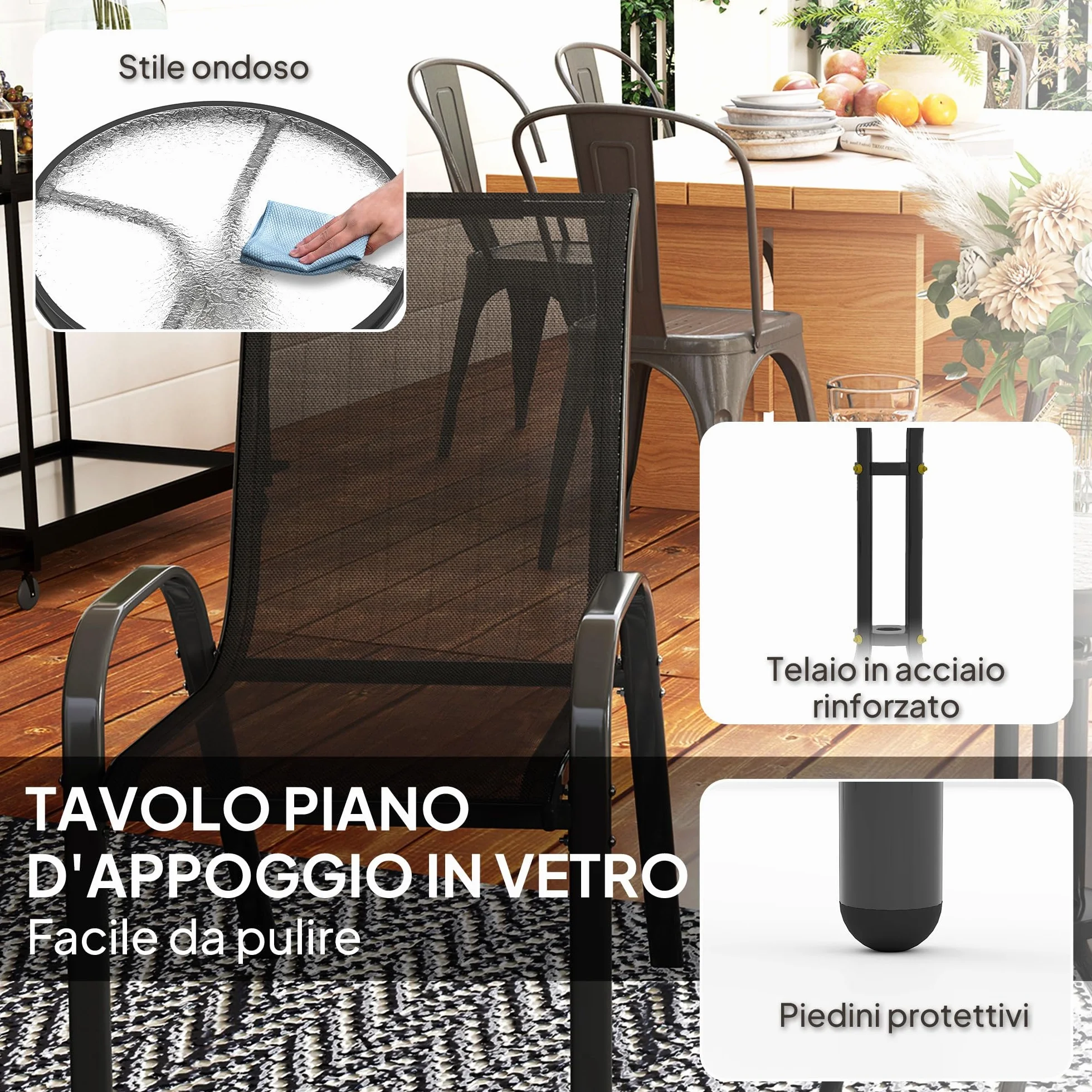 Outsunny Set da Bistro 3 Pezzi con Sedie Impilabili e Tavolino Rotondo in Acciaio e Vetro, Nero