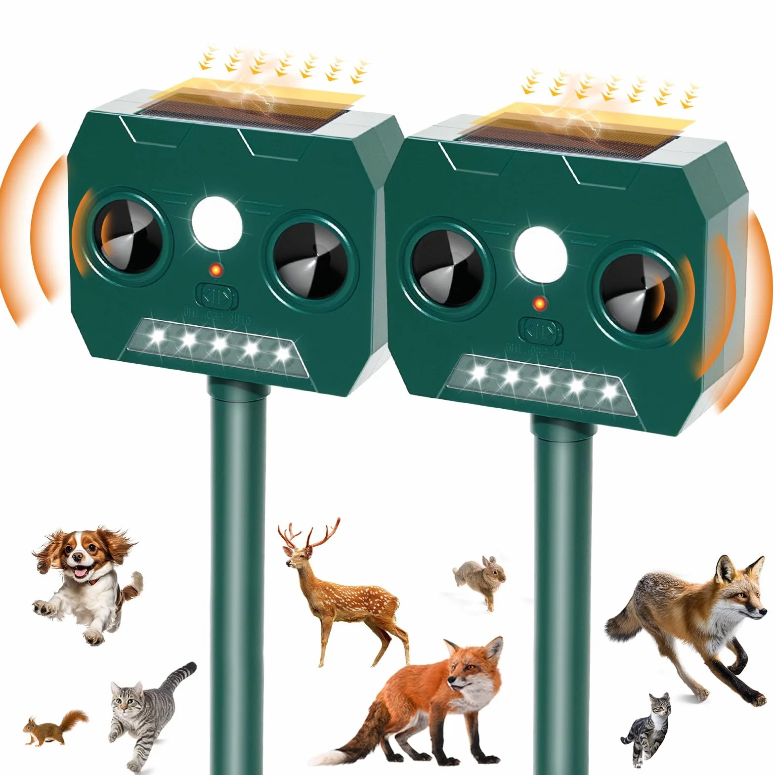RAYGARD 2 Pezzi Dissuasore Gatti, Repellente per Volpi Ultrasonico Solare con Luce LED, 12m 120° Dissuasori per Piccioni Giardino IP45 Impermeabile per Gatti Volpi Cani Cervo Procioni