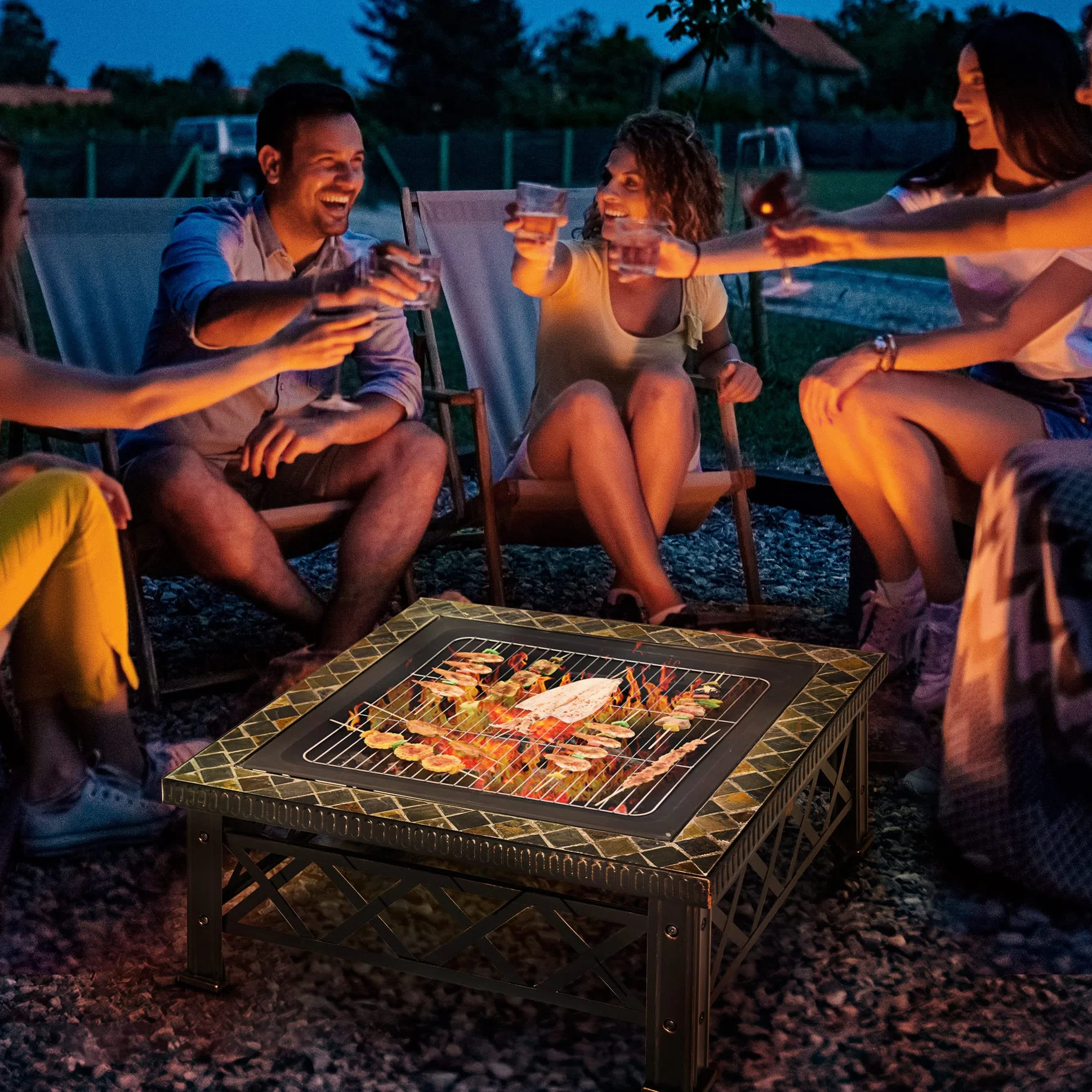 Outsunny Braciere da Giardino 76x76x47cm Nero con Coperchio Parascintille e Griglia per Barbecue