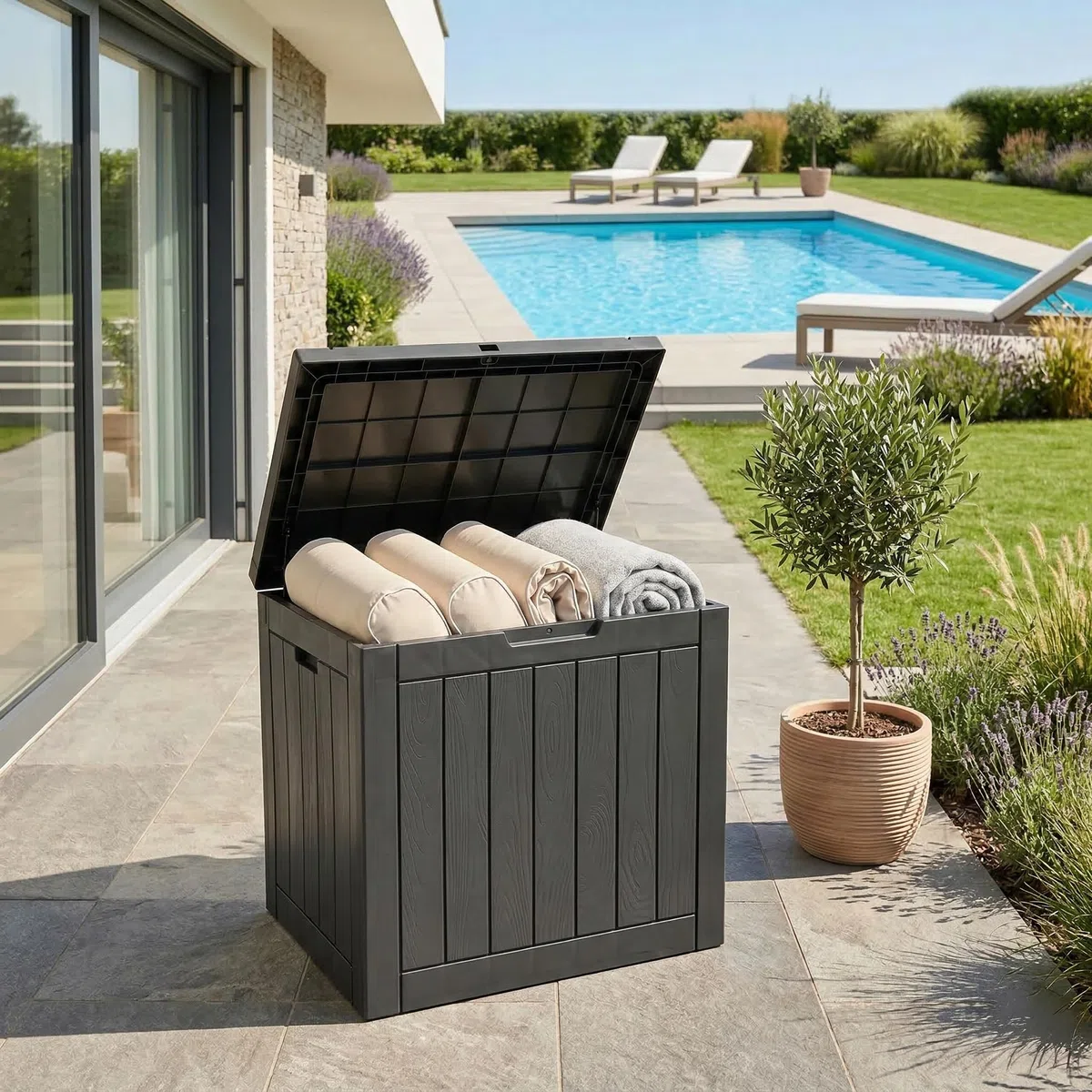 Relaxdays Baule da Giardino Resistente alle intemperie e ai Raggi UV con Cuscini e Attrezzi, 53x56x43 cm, Nero