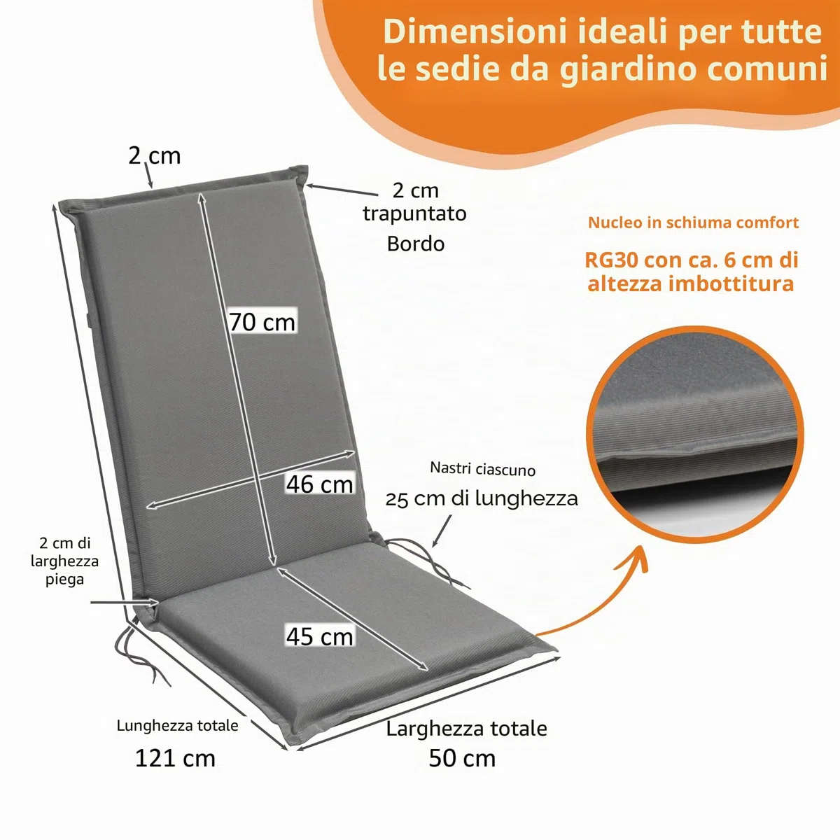 Set di 2 Cuscini per Sedia con Schienale Alto da Giardino, 120 x 50 x 6 cm, Grigio