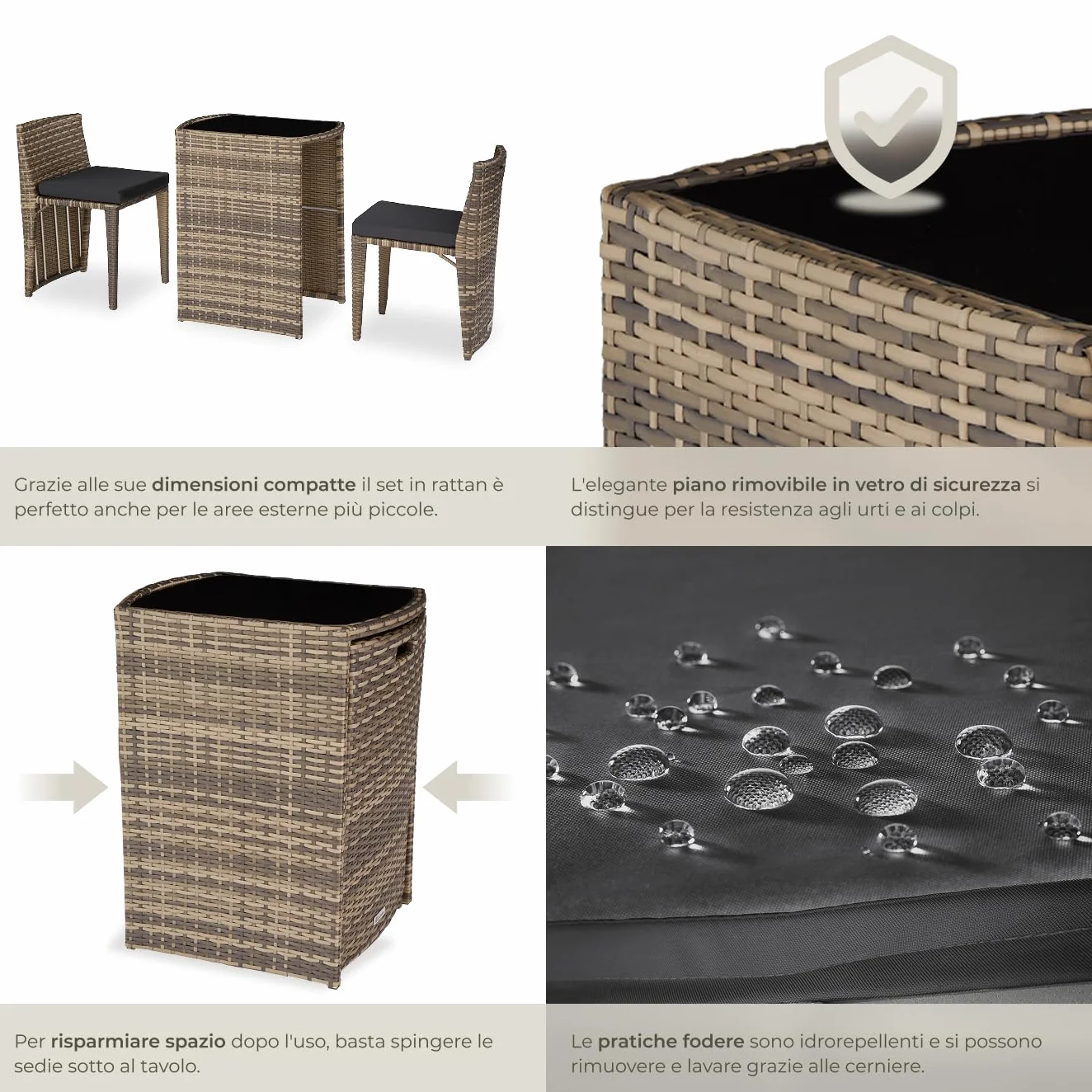 Set Bistrot Rattan Amburgo con Cuscini Idrorepellenti e Telaio in Alluminio
