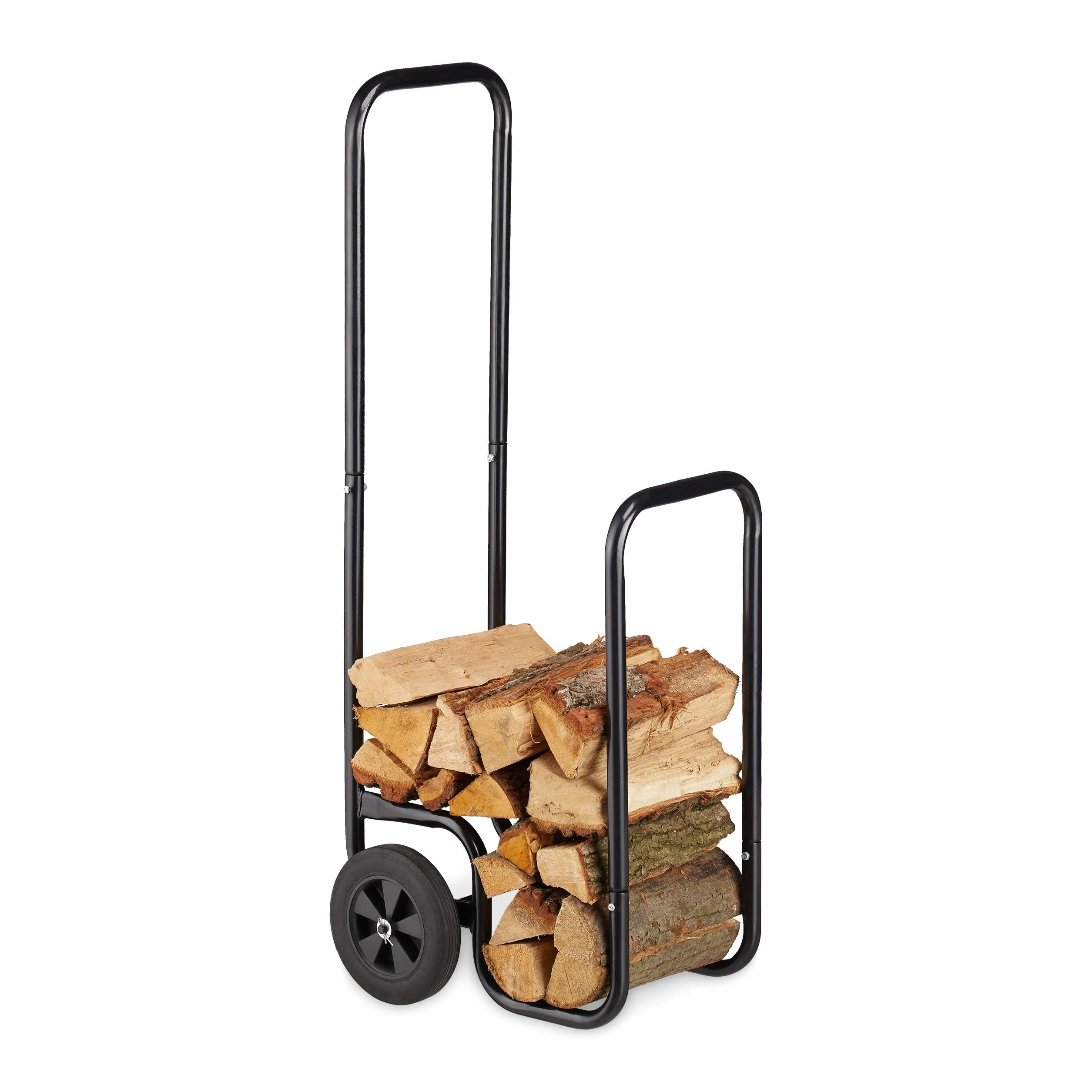 Relaxdays Carrello per Legna in Acciaio con 2 Ruote, Capacità di Carico 60 kg, Nero