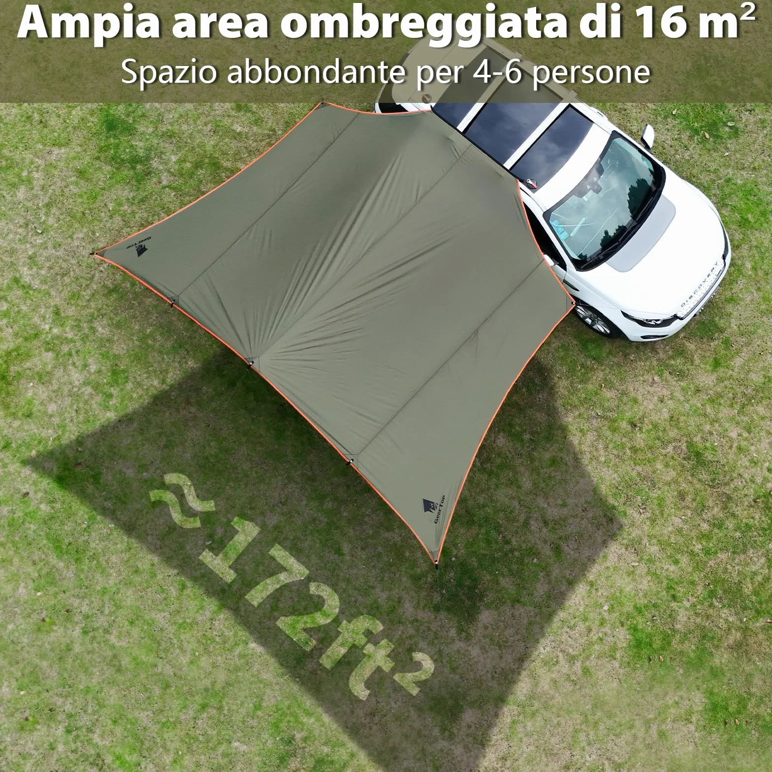 Tenda da Sole Auto GeerTop 3,5 x 5,8 m Impermeabile 3000 mm, Grande Tenda Laterale con 2 Aste, Tettoia Solare Impermeabile per Campeggio Auto, SUV, MPV, Camper