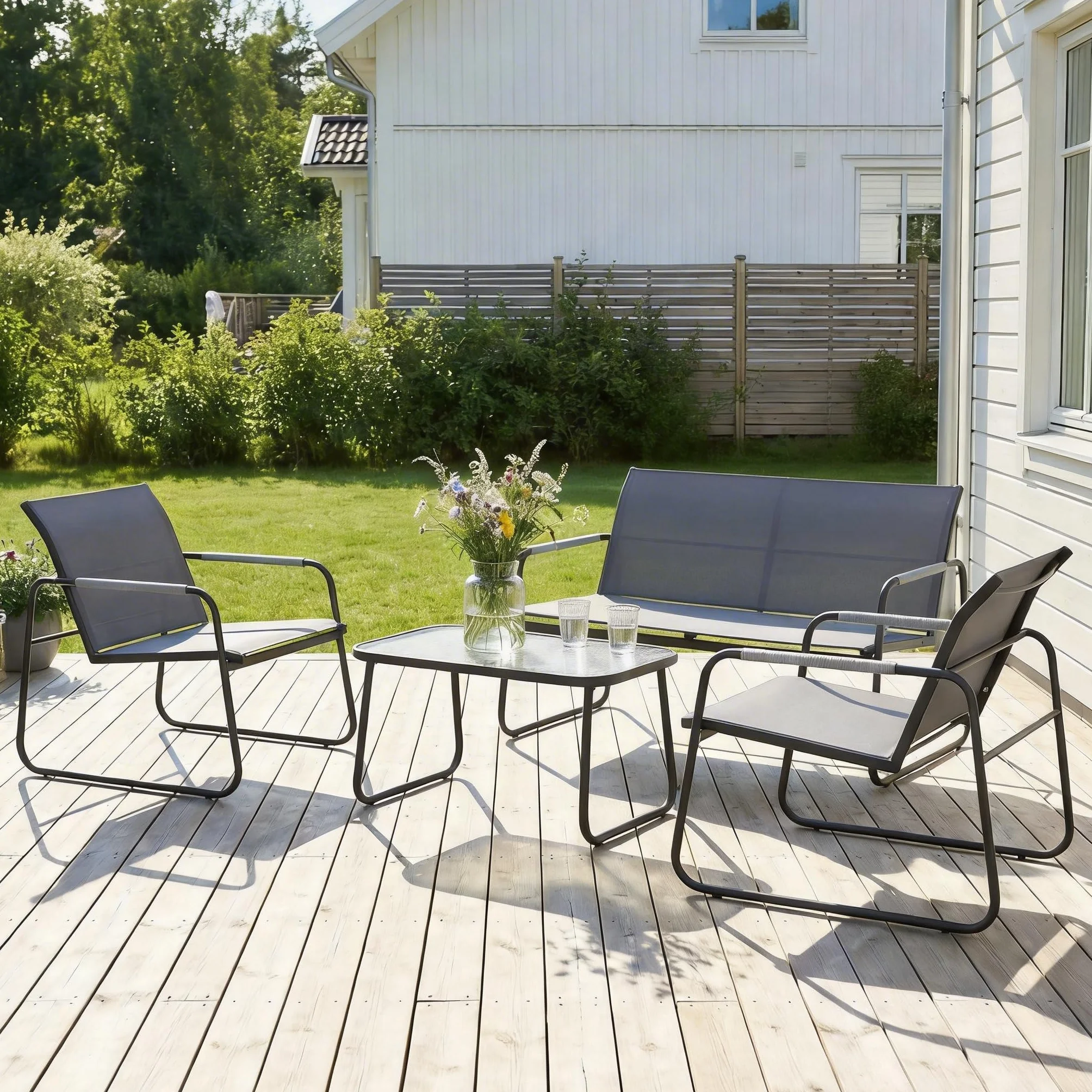 Outsunny Set Salotto da Giardino 4 Pezzi, Mobili da Giardino in Texteline con Tavolo in Vetro Temperato, Acciaio, Grigio