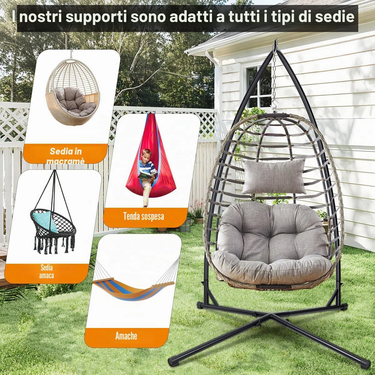 Struttura per sedia sospesa da 150 kg, in metallo, con struttura stabile, supporto per amaca per seduta sospesa, 215 cm, tubo in acciaio per interni ed esterni