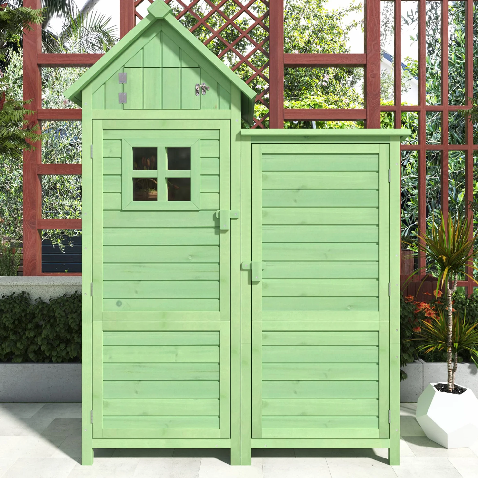 Casetta per attrezzi da giardino, resistente alle intemperie, in legno, per esterni, in PVC, 118 x 54 x 173 cm (larghezza x profondità x altezza), verde