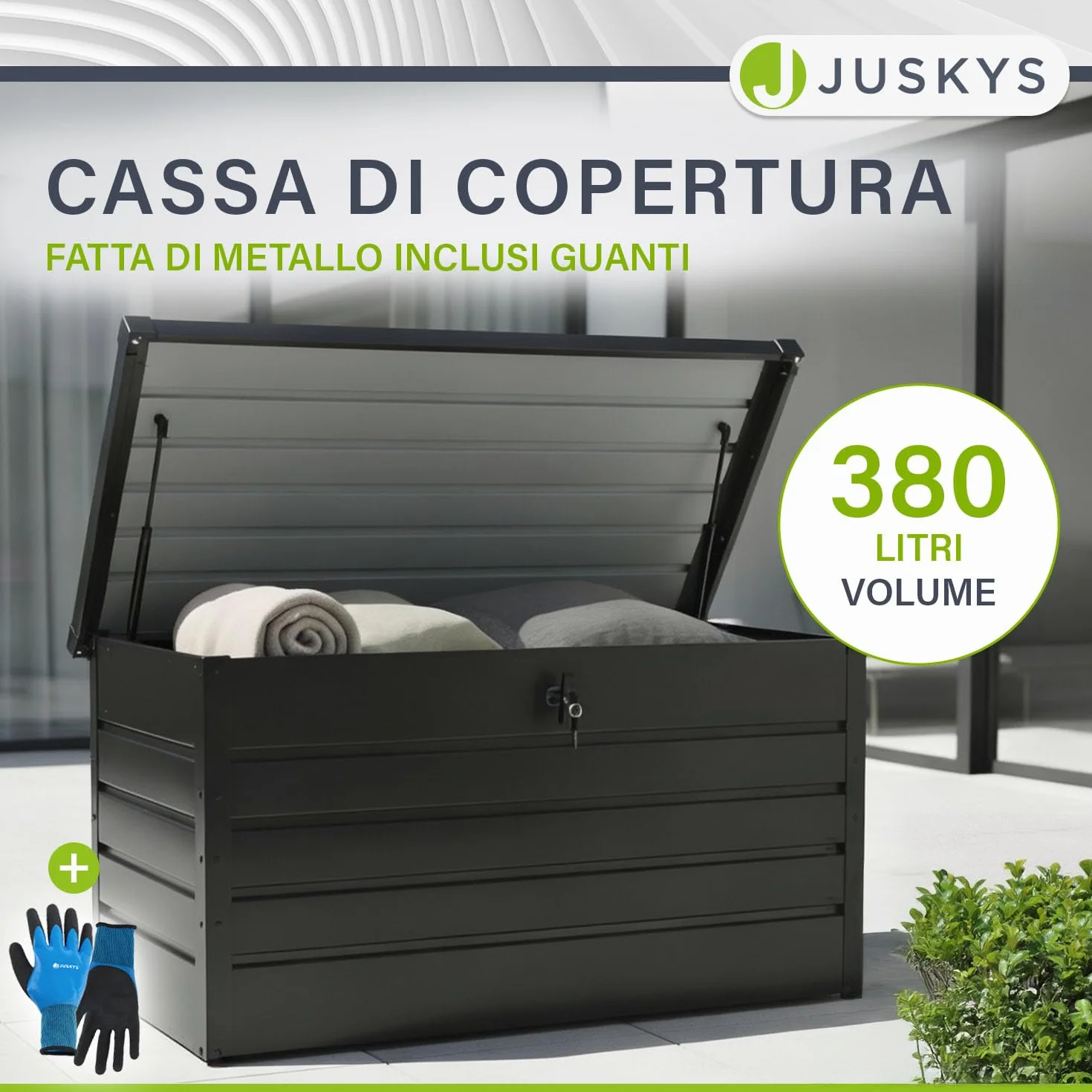 Juskys box di stoccaggio in metallo Limani 380 L – per esterni, impermeabile e chiudibile a chiave – contenitore da giardino per cuscini – antracite