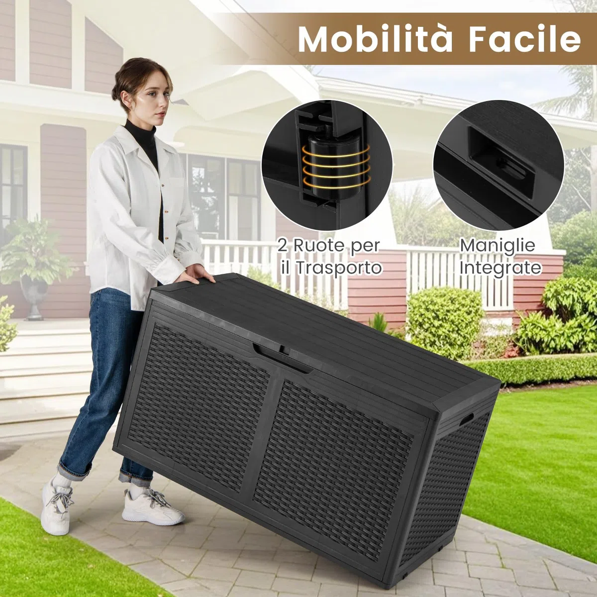 COSTWAY Baule da Esterno 380 L, Cassapanca Contenitore Impermeabile in Effetto Rattan con Coperchio Bloccabile e Ruote, Baule Salvaspazio per Mantenere Cuscini e Attrezzi da Interno e Esterno (Nero)