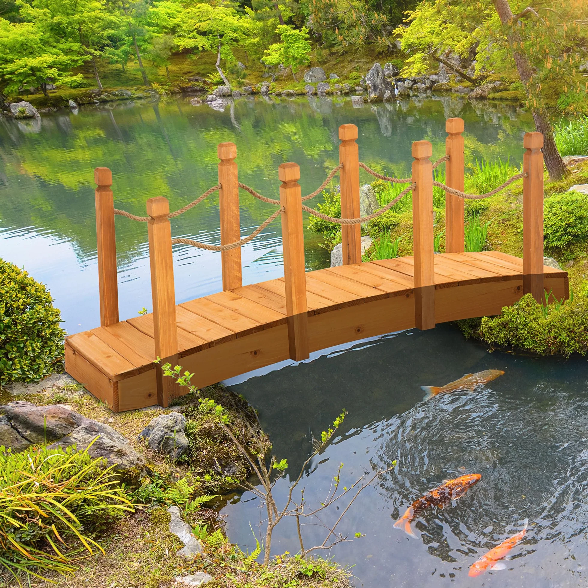 Outsunny Ponte da Giardino ad Arco in Legno d'Abete, Ponticello di Legno da Cortile con Sponde Laterali in Corda di Canapa,150x58x58.5cm, Arancione