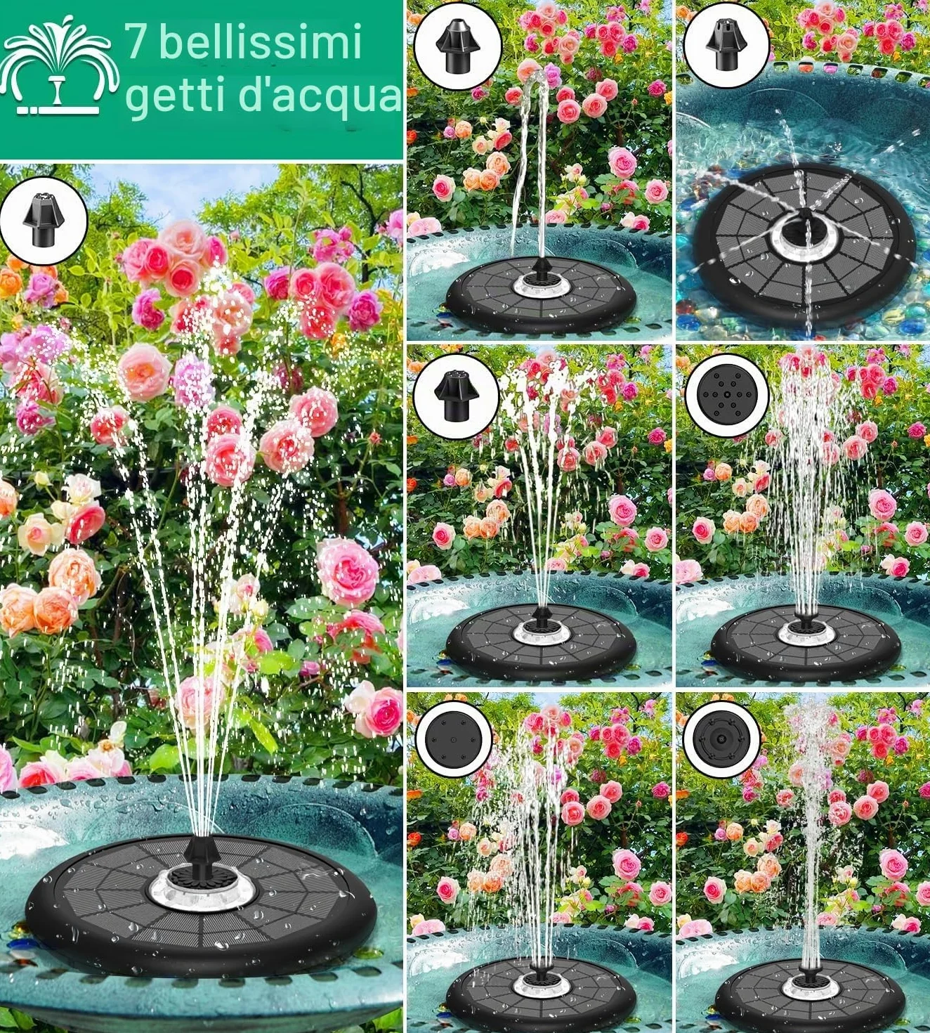 SZMP Fontana Solare, 10 Luci 5W, Pompa ad Acqua Solare Fontana con 7 Ugelli, 4 Fissatori, 4000mAh Batteria, Fontana da Giardino Esterno per Uccelli, Acquario, Vaso dei Pesci