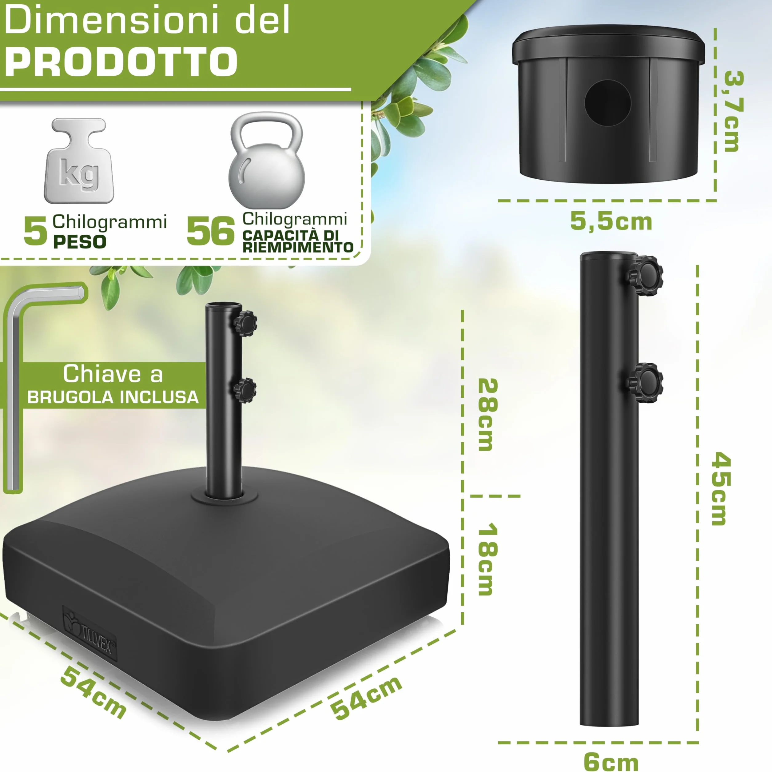 tillvex® Base per ombrellone PAVERA e Ruote e Freni | Zavorra ombrellone riempibile 37L/56kg | Piedistallo per ombrelloni Giardino e Mercato Ø1,8-3,7m | Resistente a intemperie e UV (Nero)