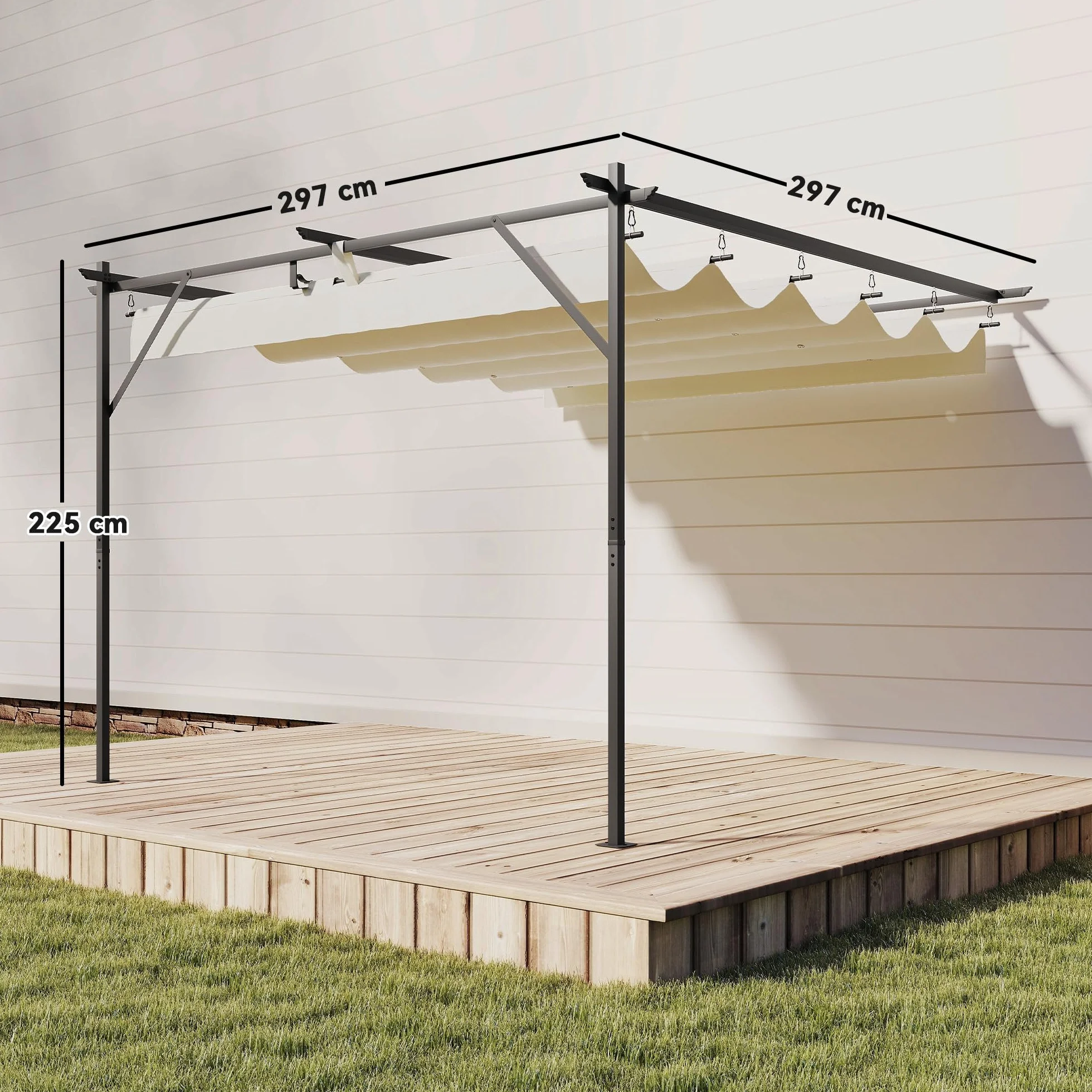 Outsunny Gazebo Pergola Addossata 3x3 m Tetto Retrattile Scorrevole Fori Drenaggio Pergolato Giardino Poliestere Acciaio Patio Terrazzo Esterno UV30+ Bianco Crema